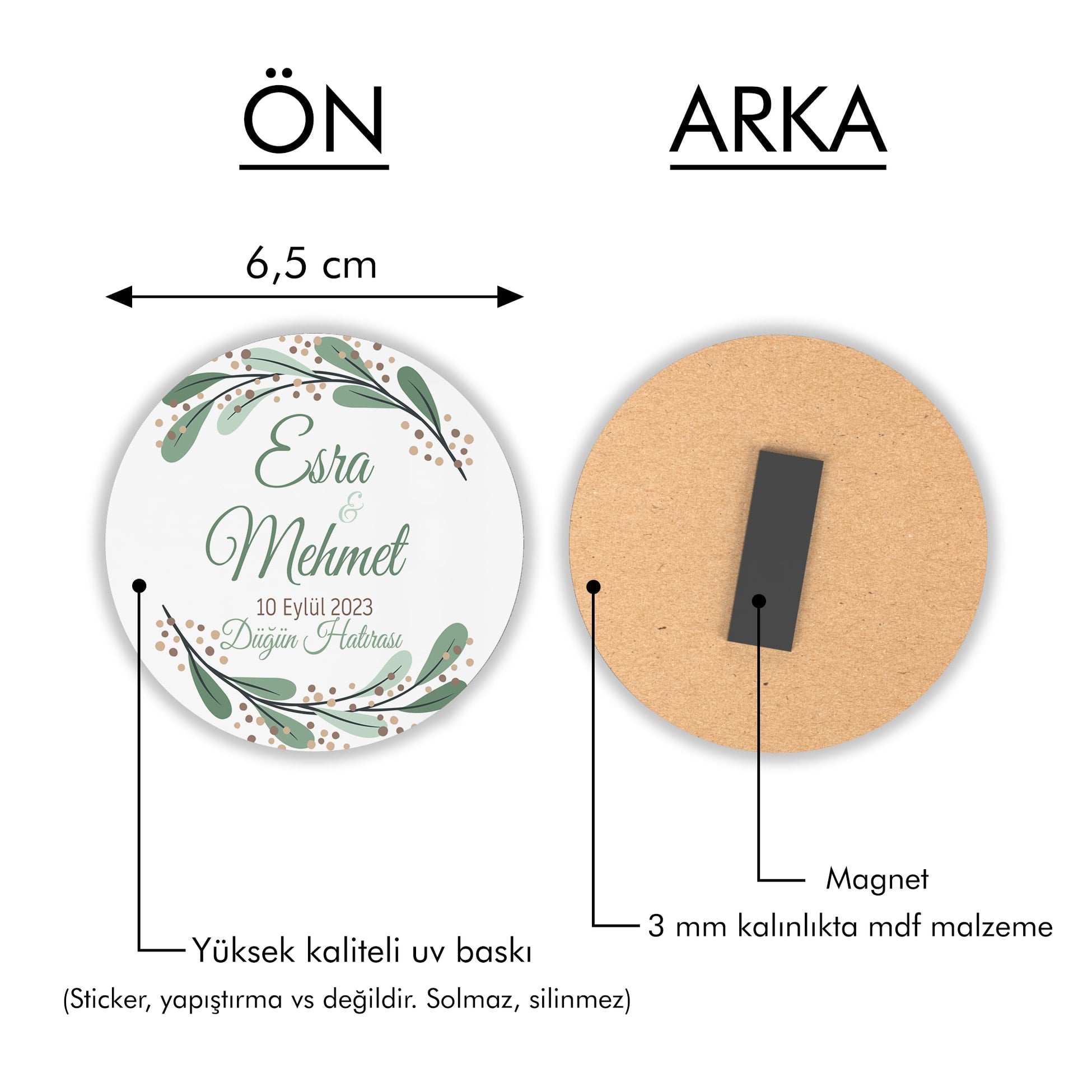 Gold Noktalı Yeşil Çiçek Desenli Yuvarlak Ahşap Magnet