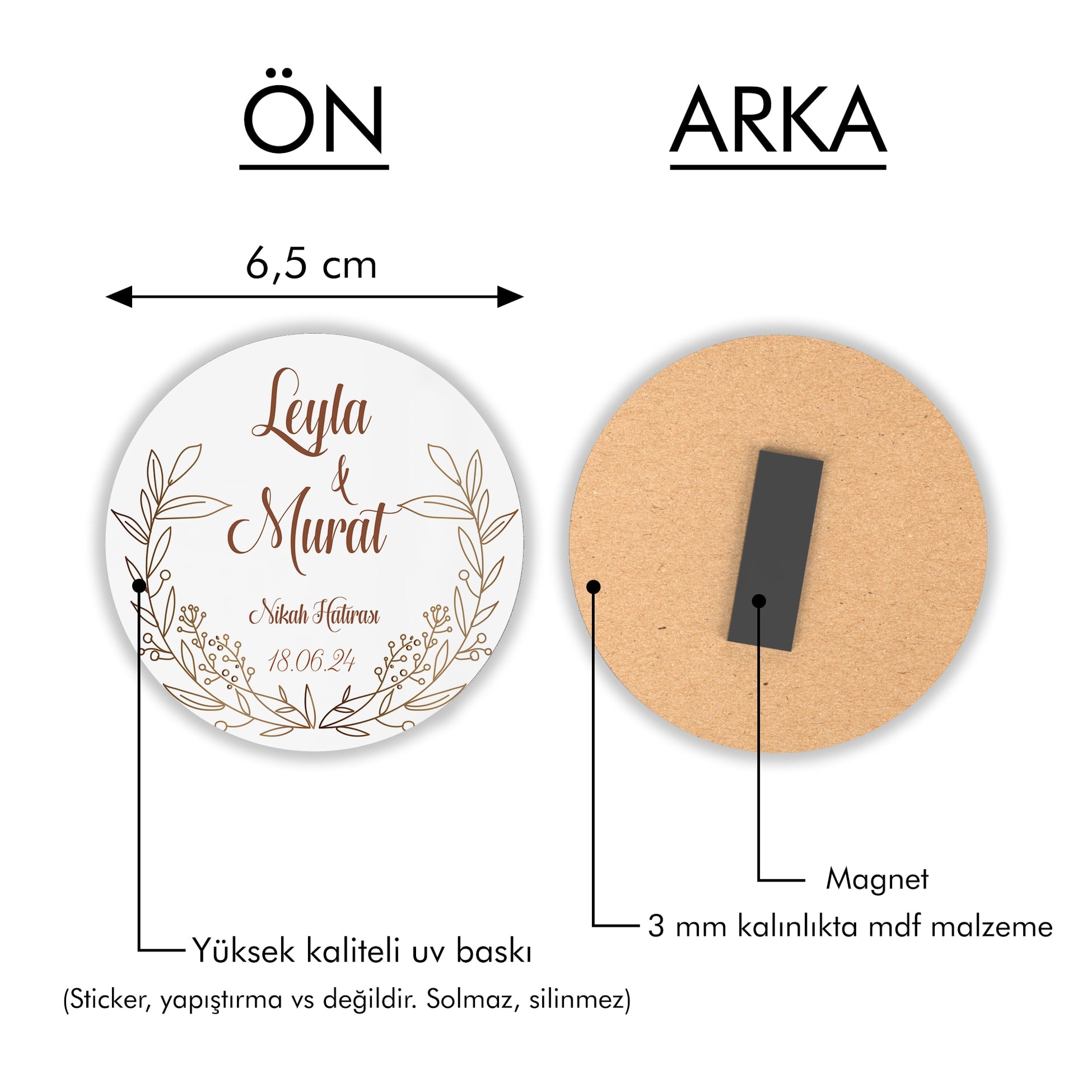 Minimal Kahverengi Çiçek Desenli Yuvarlak Ahşap Magnet