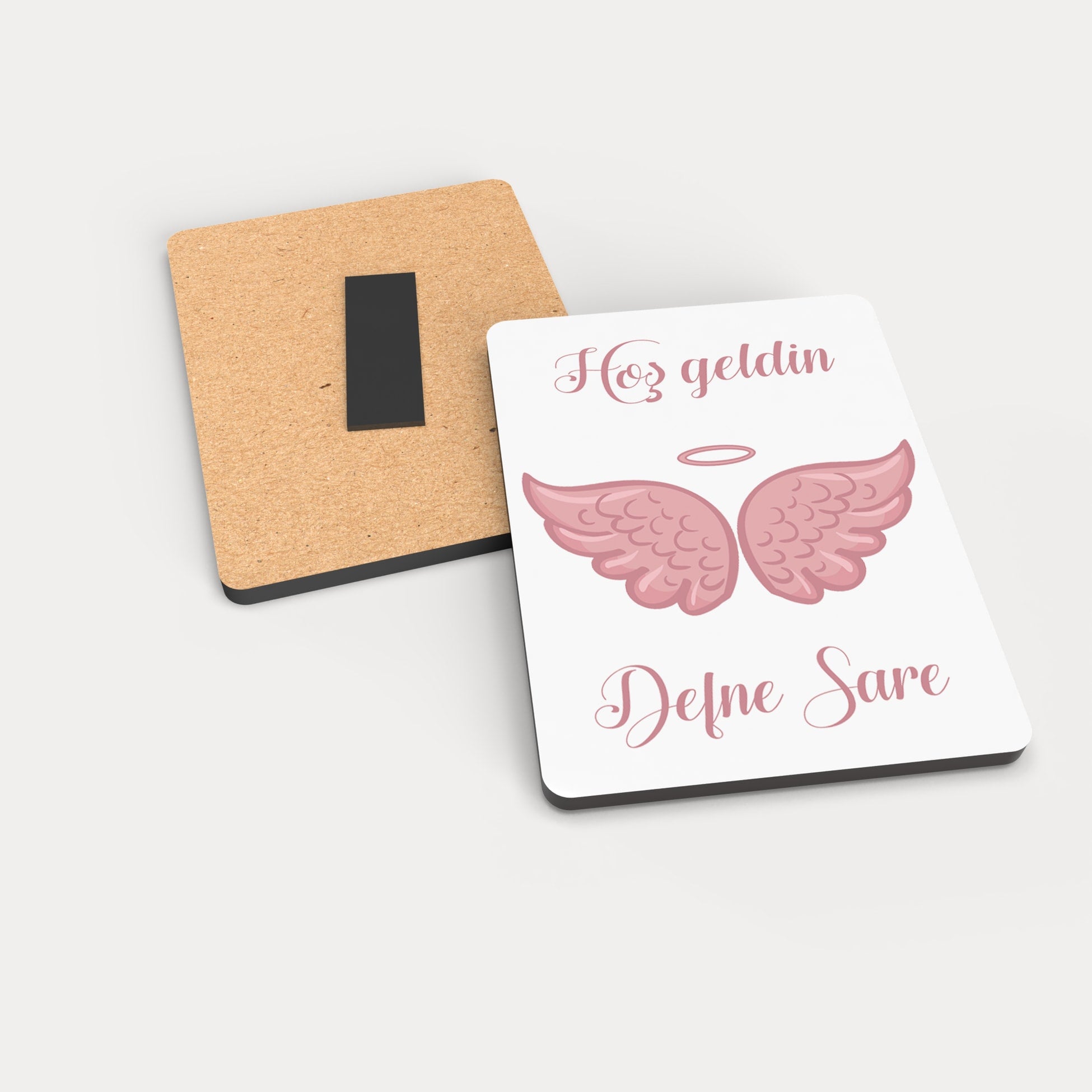 Pembe Melek Kanadı Desenli Ahşap Magnet
