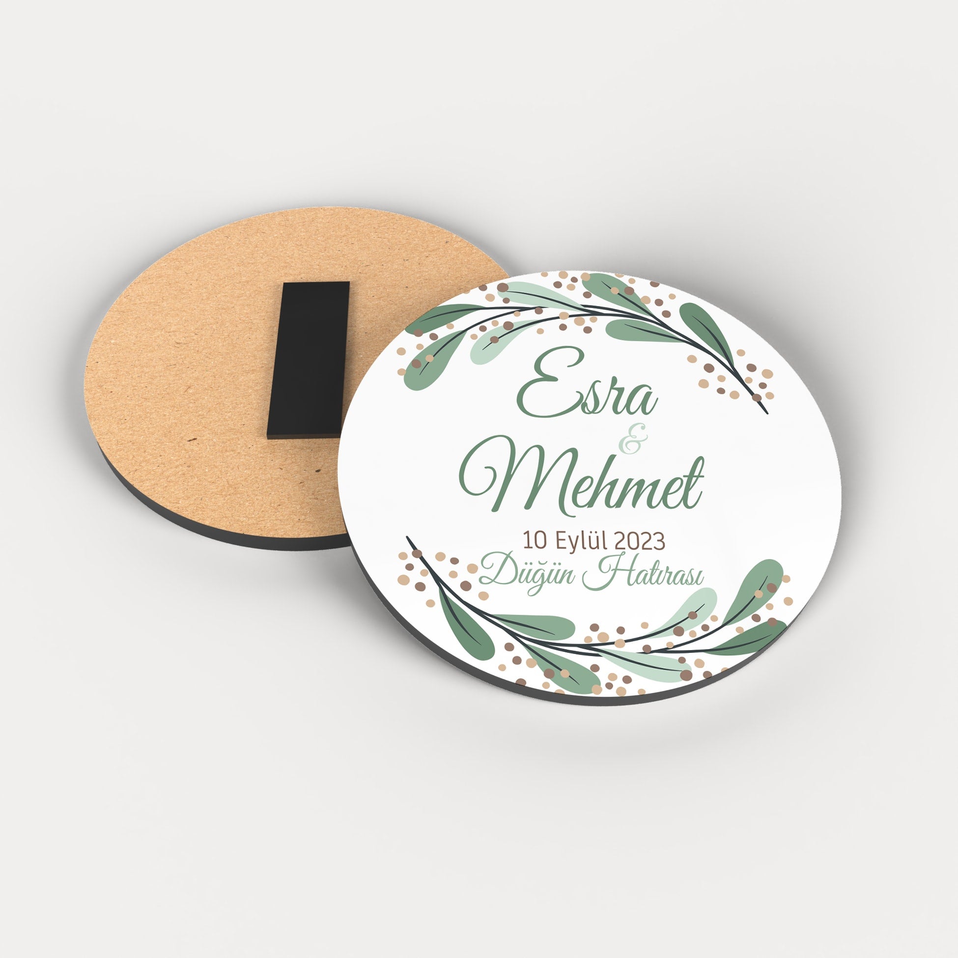 Gold Noktalı Yeşil Çiçek Desenli Yuvarlak Ahşap Magnet