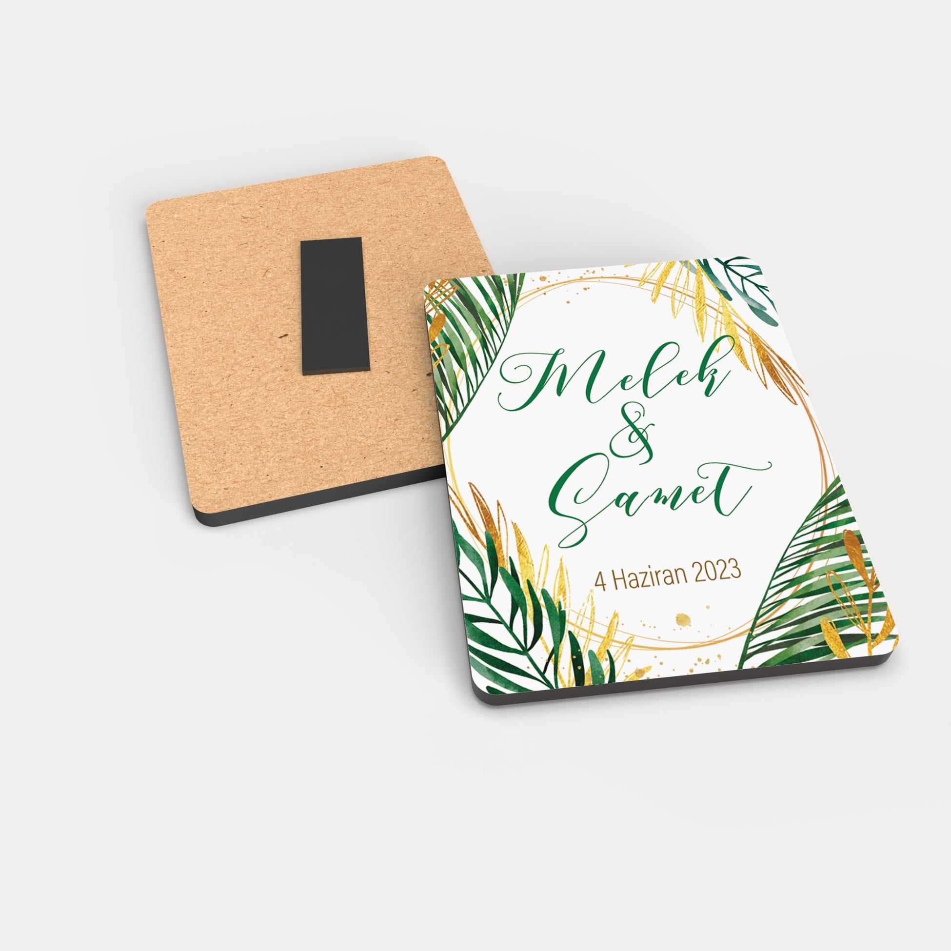 Gold ve Yeşil Çiçek Temalı Ahşap Magnet