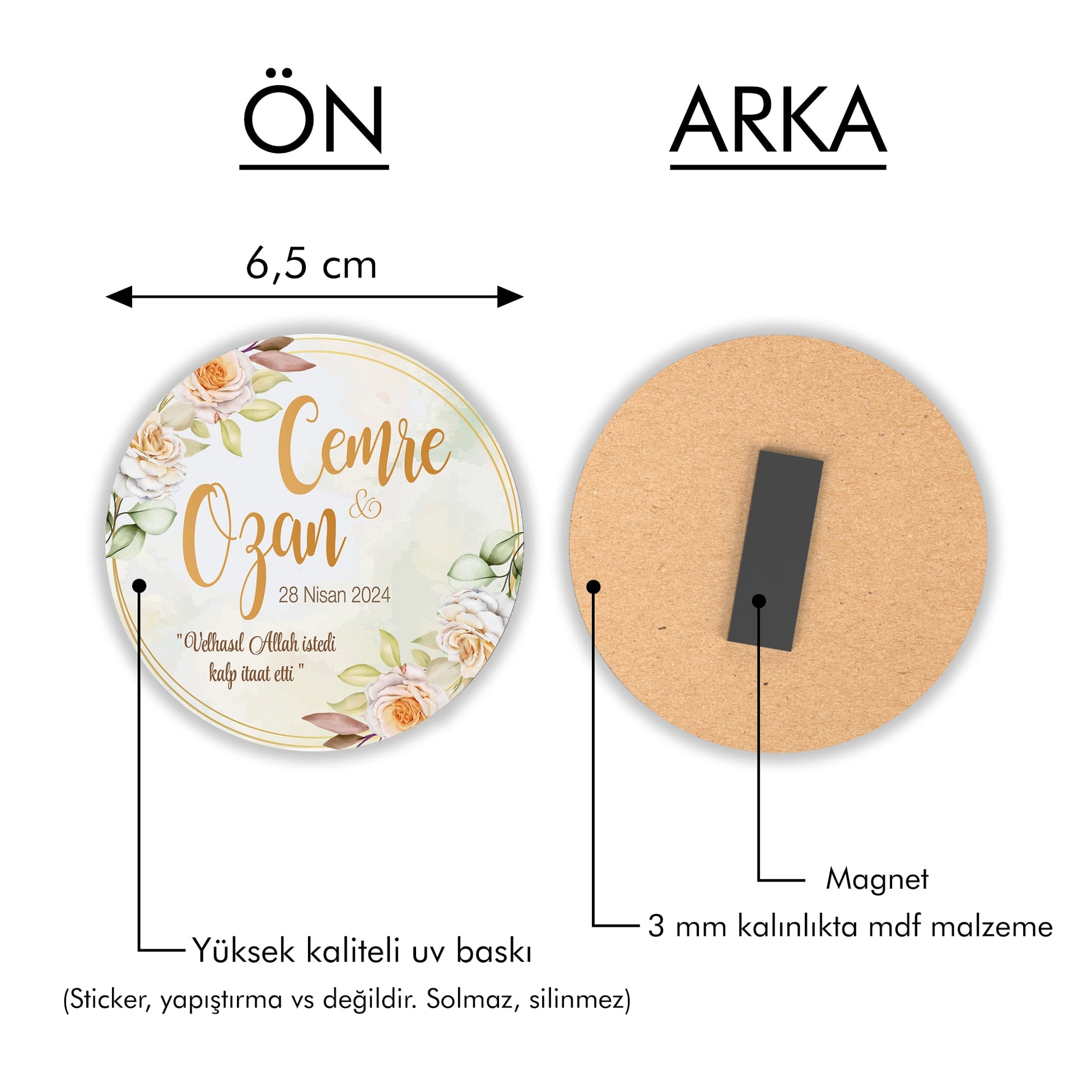 Renkli Çiçek Desenli Yuvarlak Ahşap Magnet