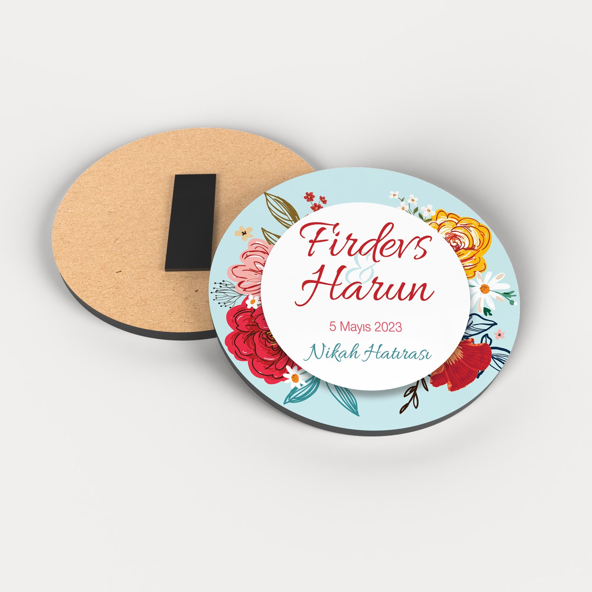 Renkli Çiçek Desenli Yuvarlak Ahşap Magnet