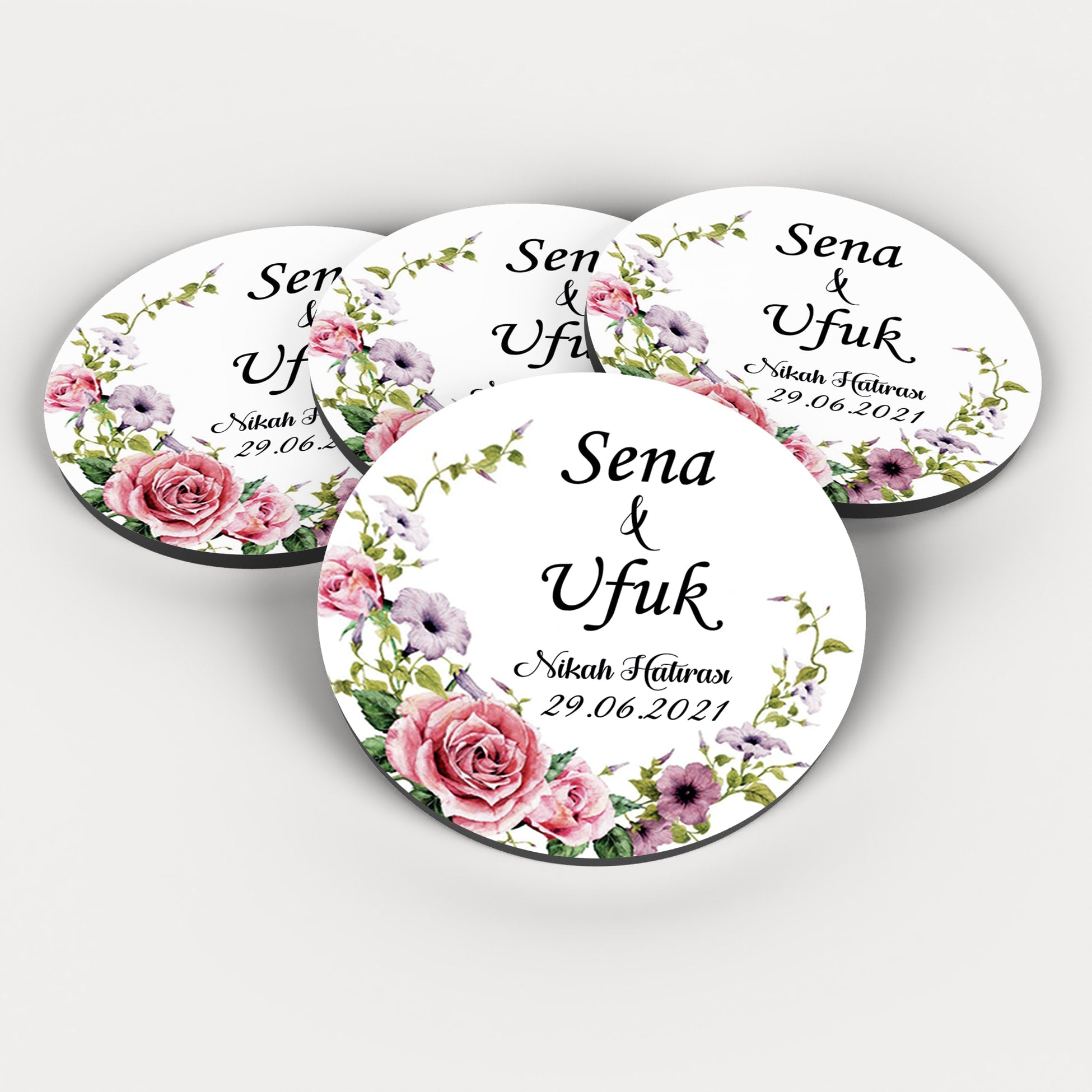 Gül Desenli Yuvarlak Ahşap Magnet