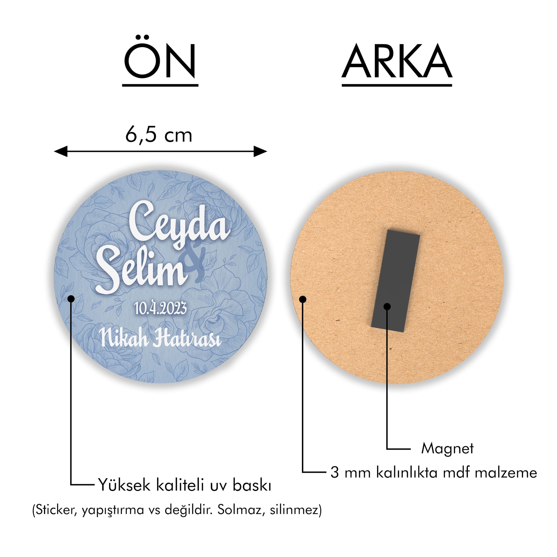 Mavi Çiçekli Arka Plan Yuvarlak Ahşap Magnet