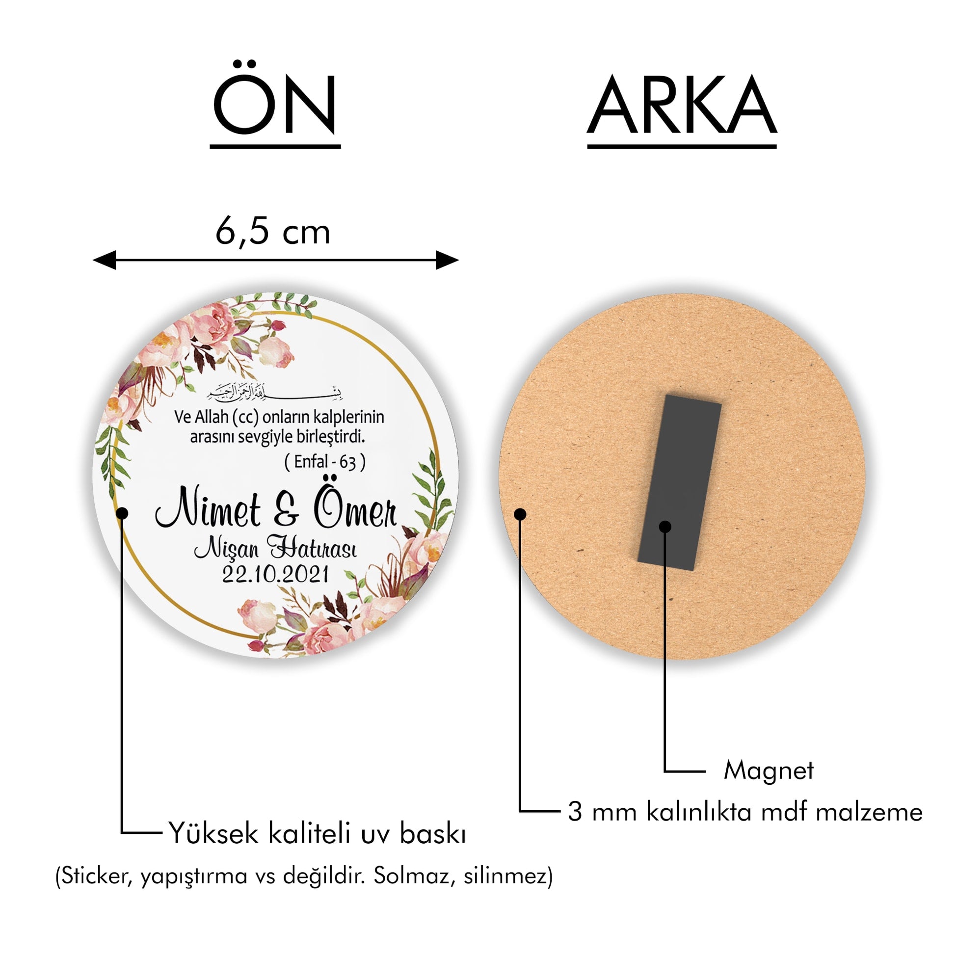 Pembe Çiçek Desenli Yuvarlak Ahşap Magnet