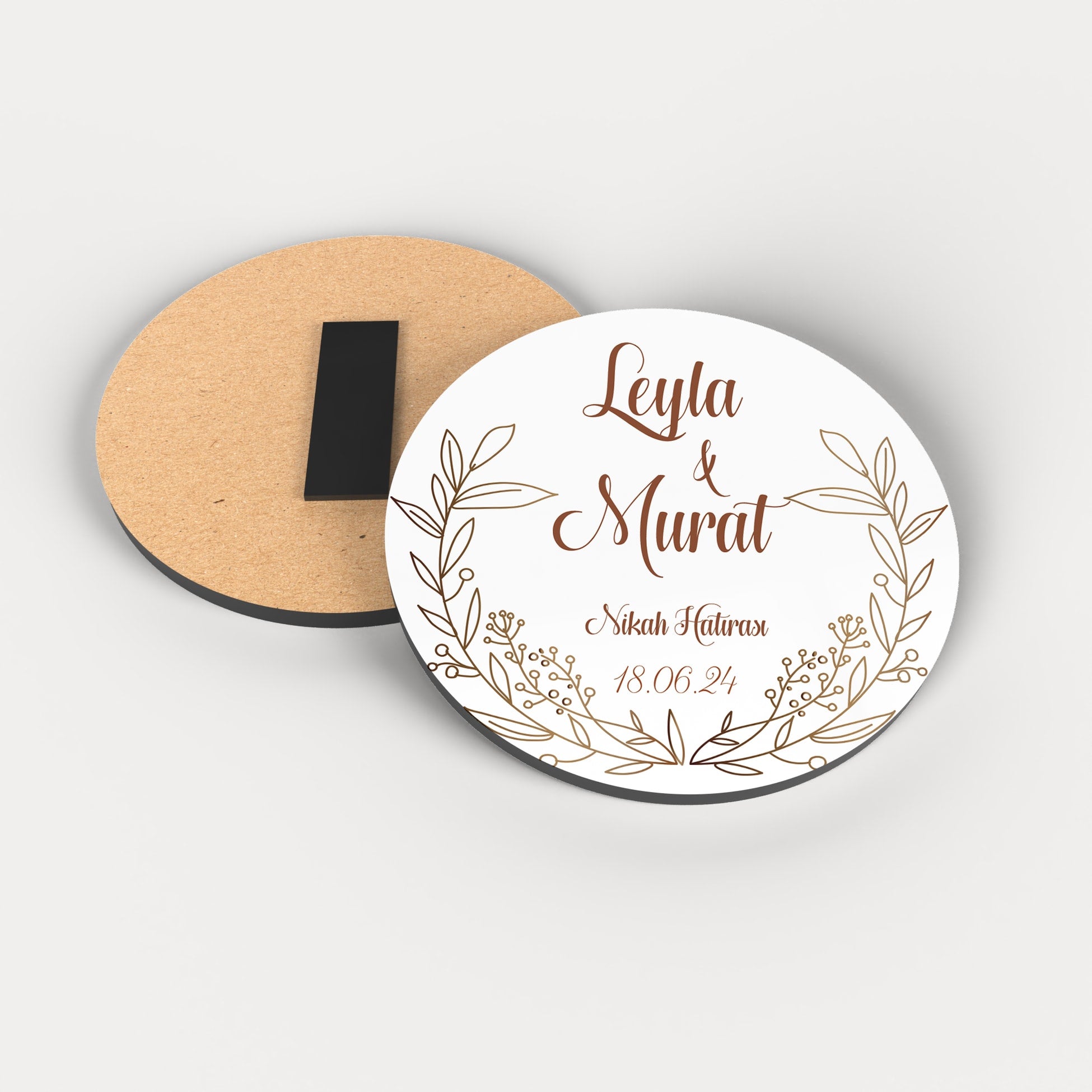 Minimal Kahverengi Çiçek Desenli Yuvarlak Ahşap Magnet