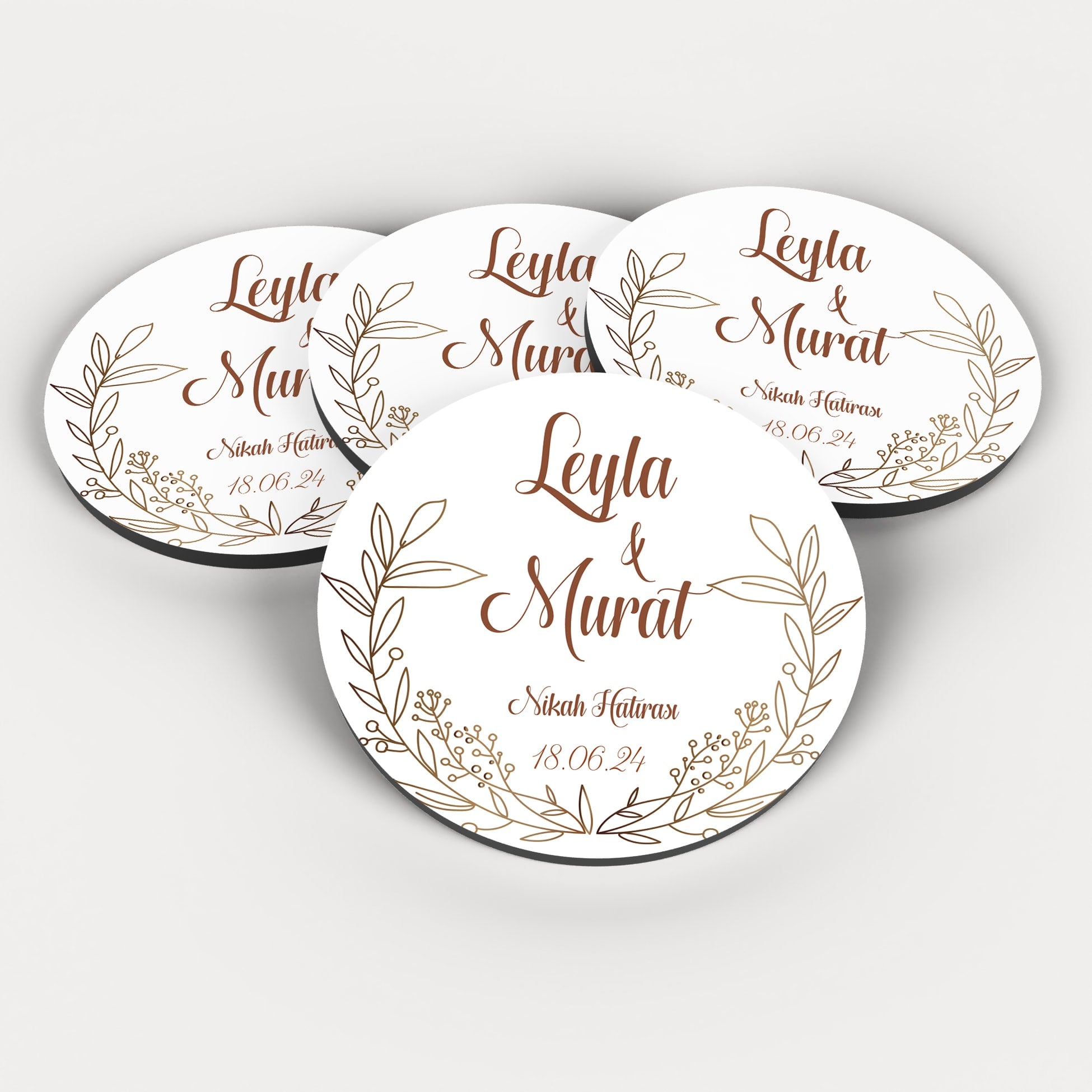 Minimal Kahverengi Çiçek Desenli Yuvarlak Ahşap Magnet
