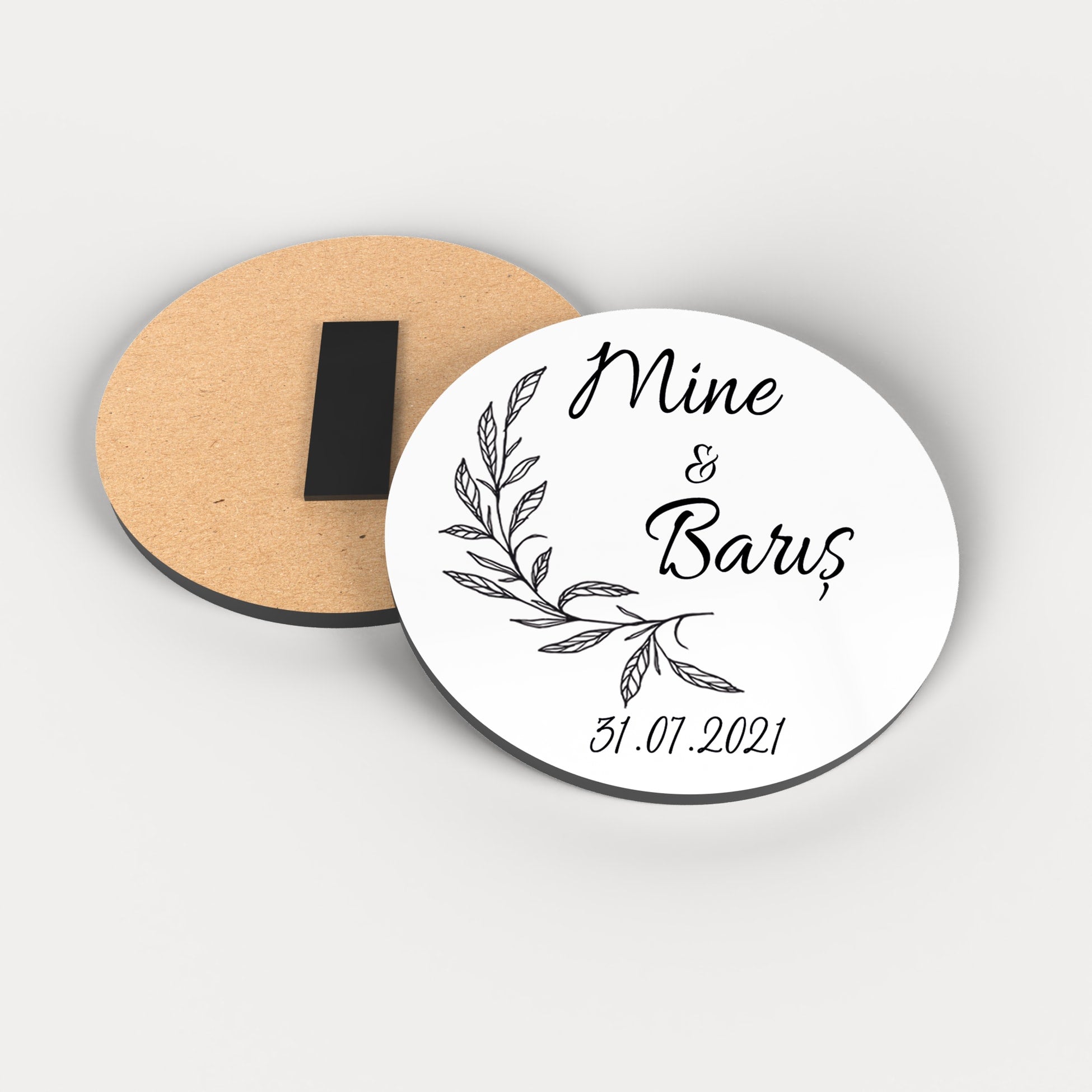 Siyah Dal Desenli Yuvarlak Ahşap Magnet