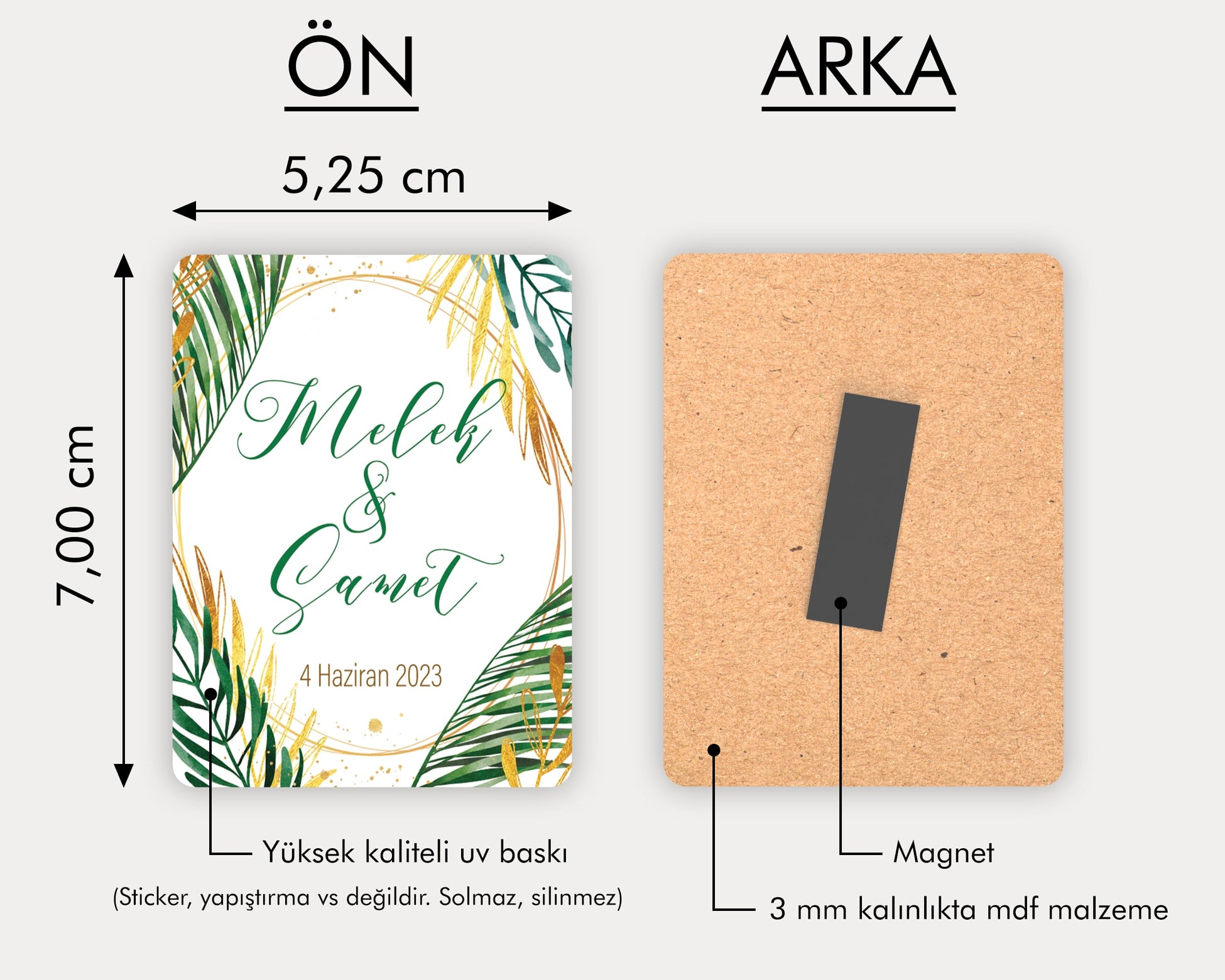 Gold ve Yeşil Çiçek Temalı Ahşap Magnet