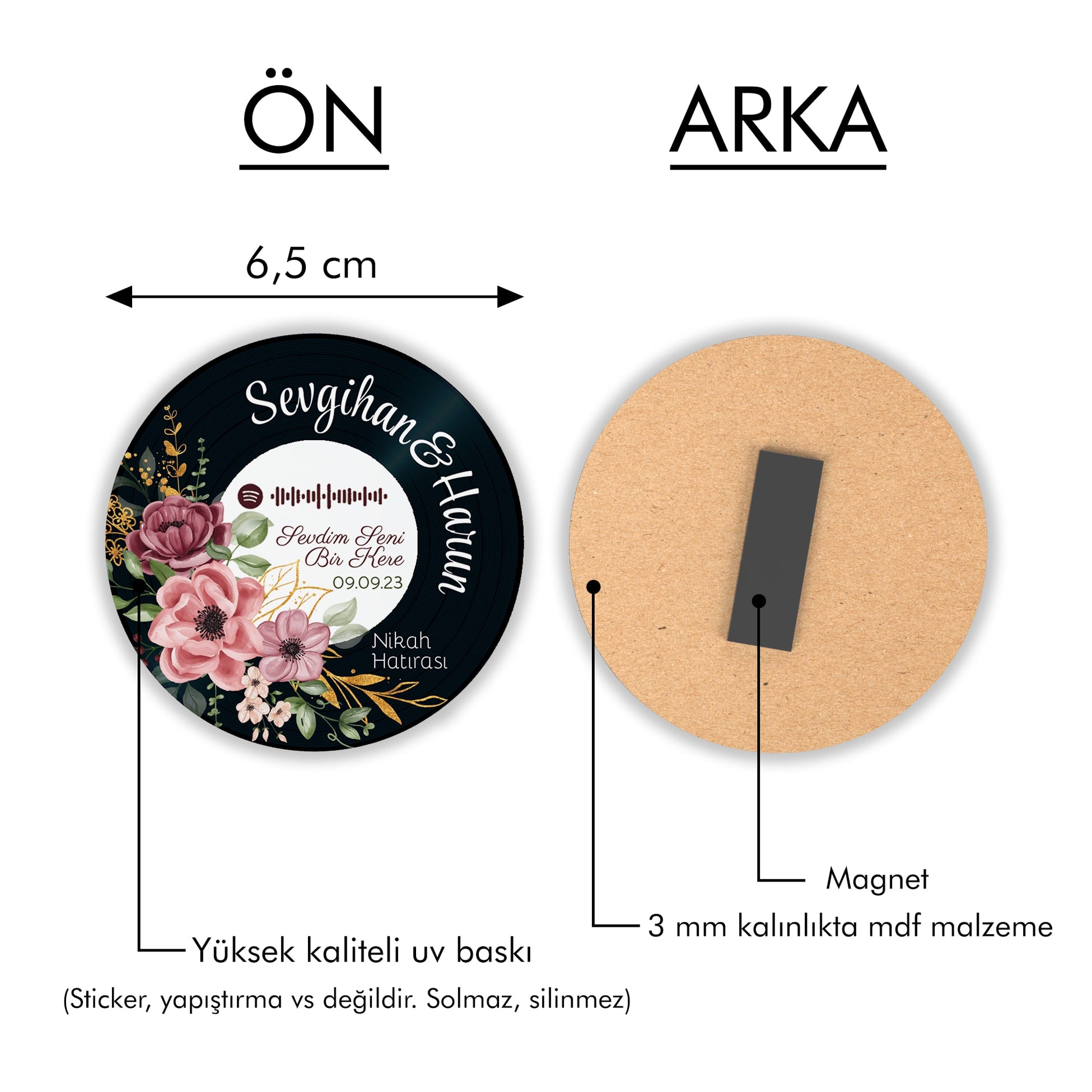 Pembe Çiçekli Plak Desenli Yuvarlak Ahşap Magnet