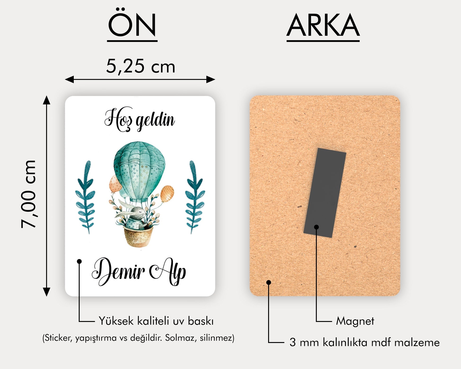 Yeşil Uçan Balonda Tavşan Desenli Ahşap Magnet