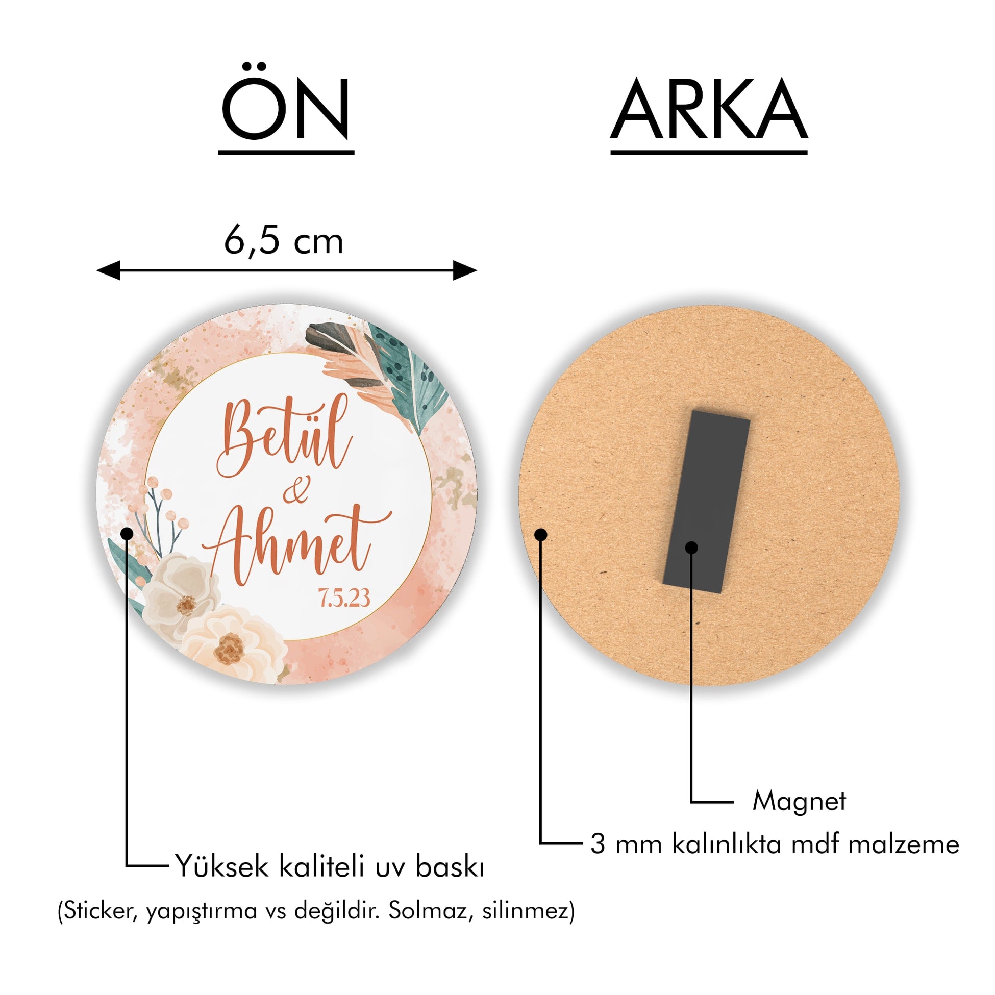 Pembe Çiçekli Gold Çerçeve Desenli Yuvarlak Ahşap Magnet