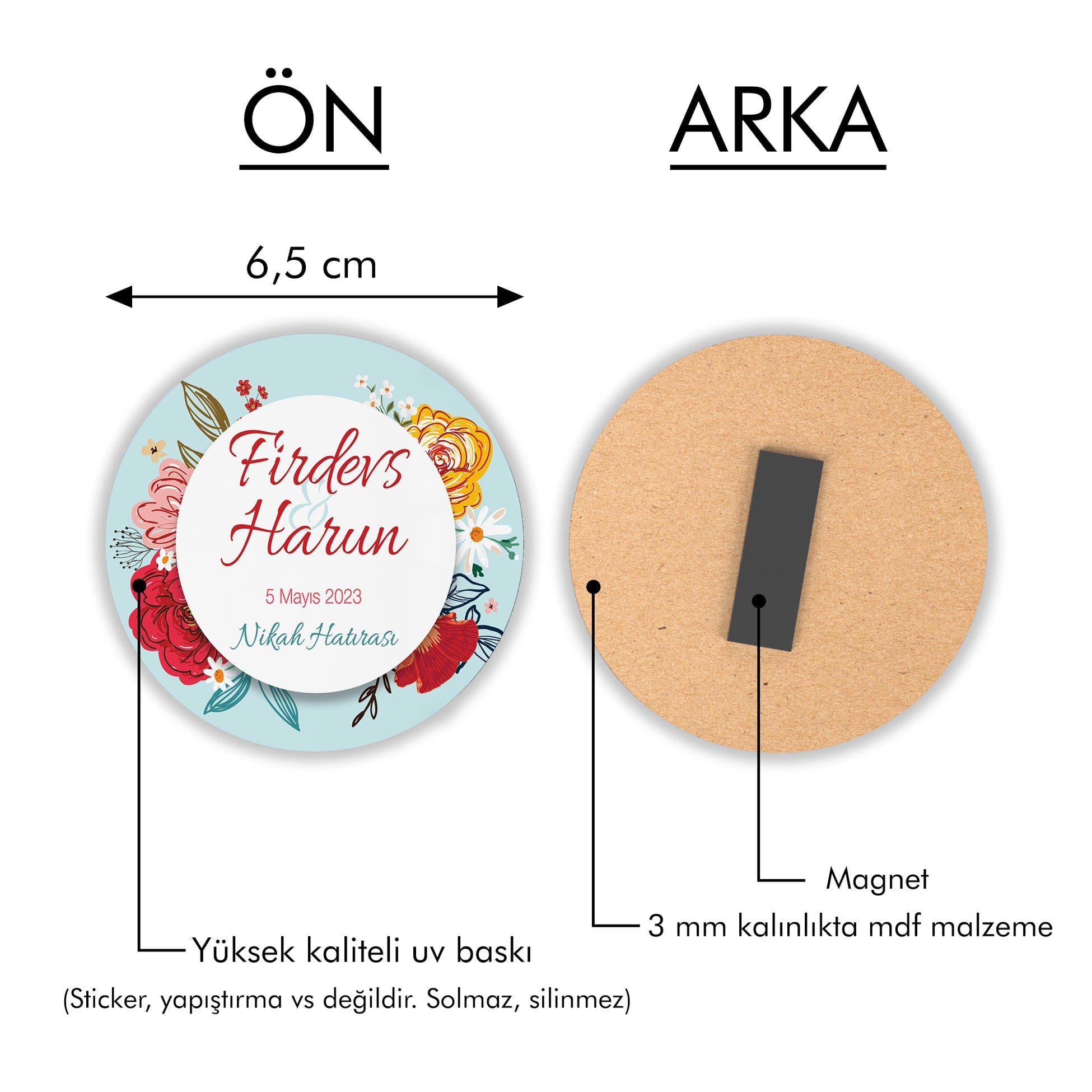 Renkli Çiçek Desenli Yuvarlak Ahşap Magnet