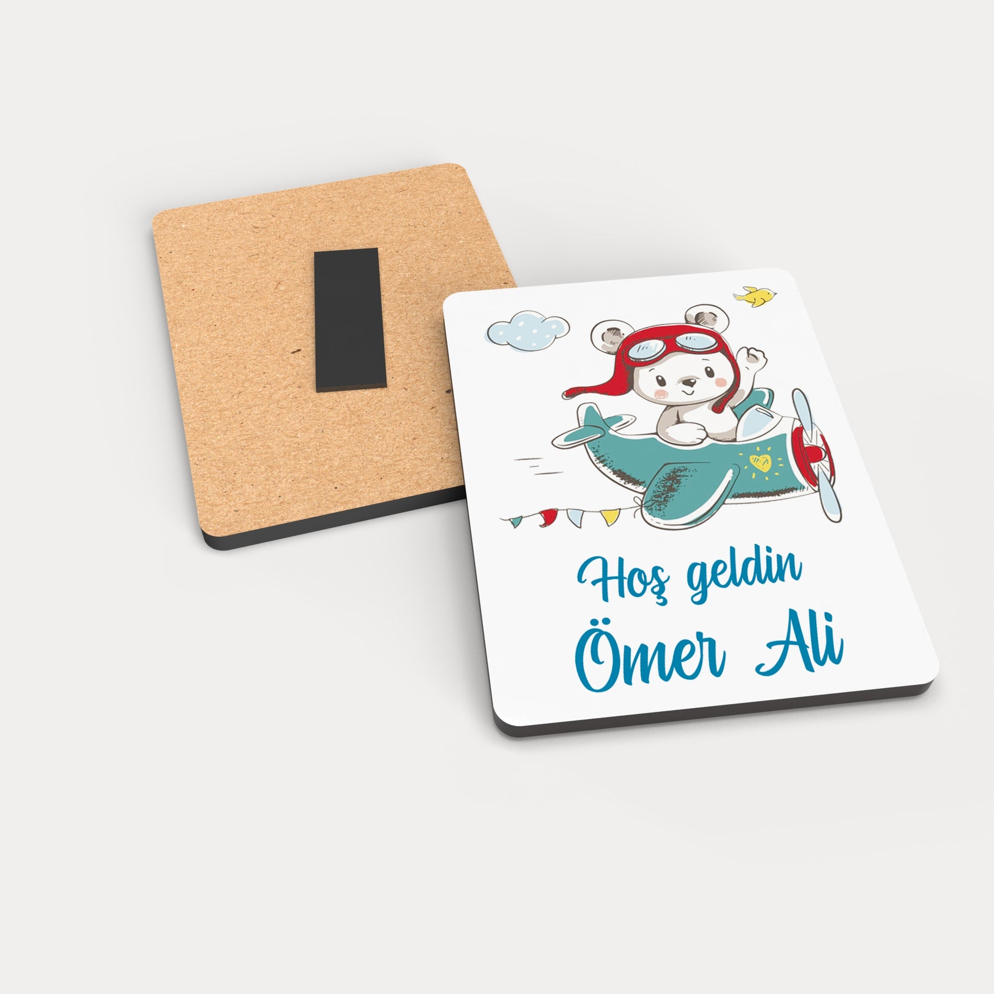 Uçakta Ayıcık Desenli Ahşap Magnet