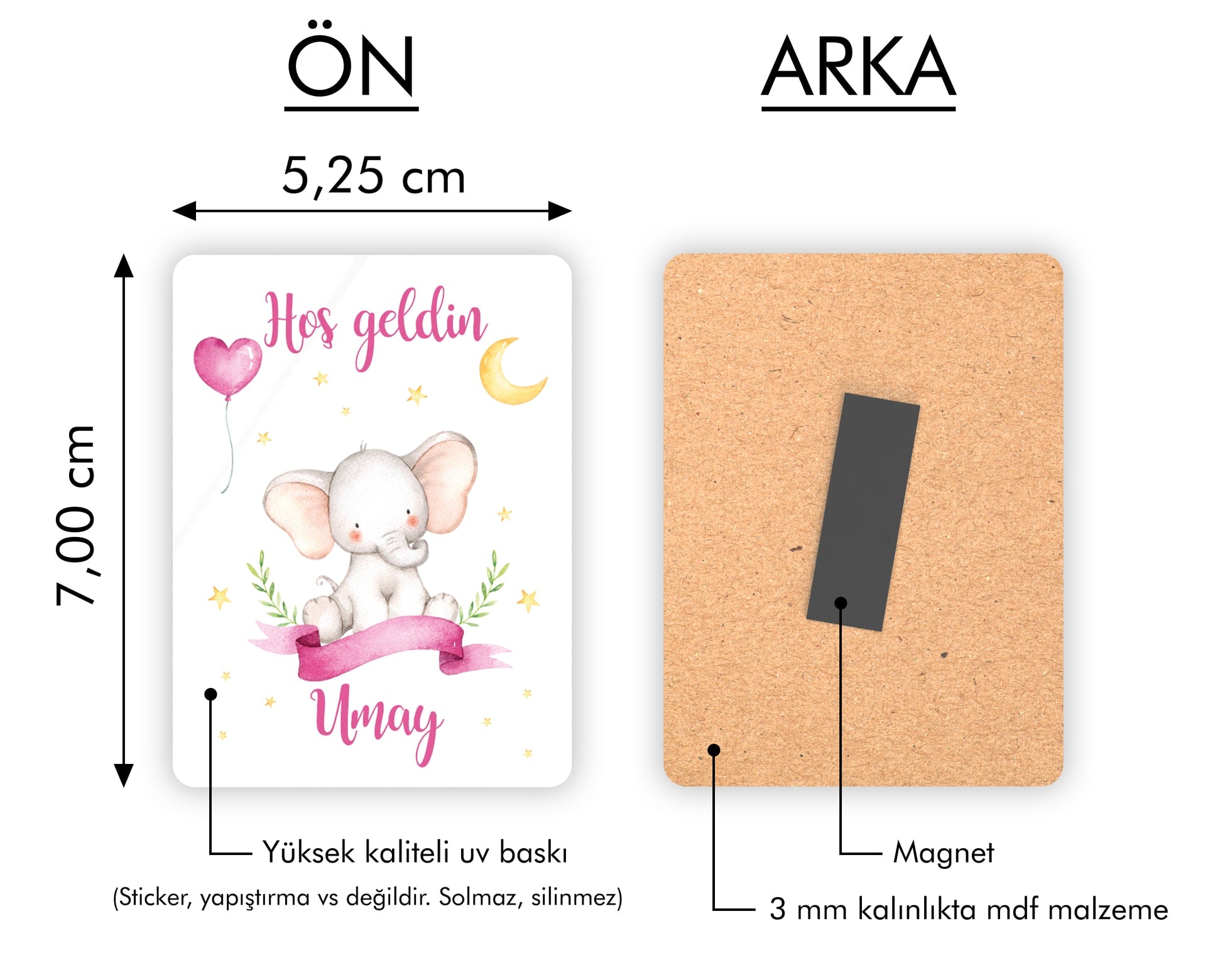 Pembe Fil Desenli Ahşap Magnet