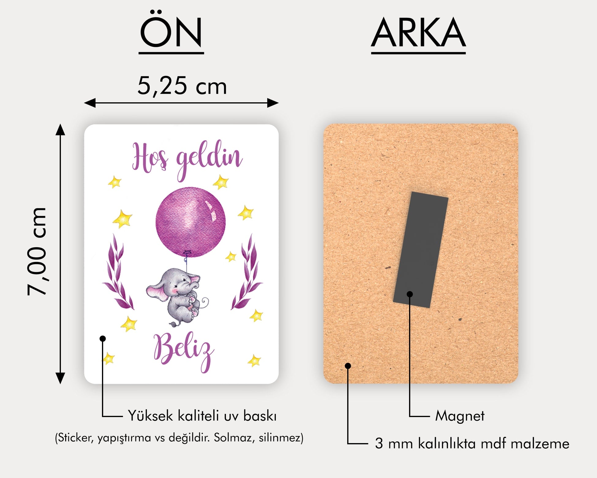 Mor Balon Tutan Fil Desenli Ahşap Magnet