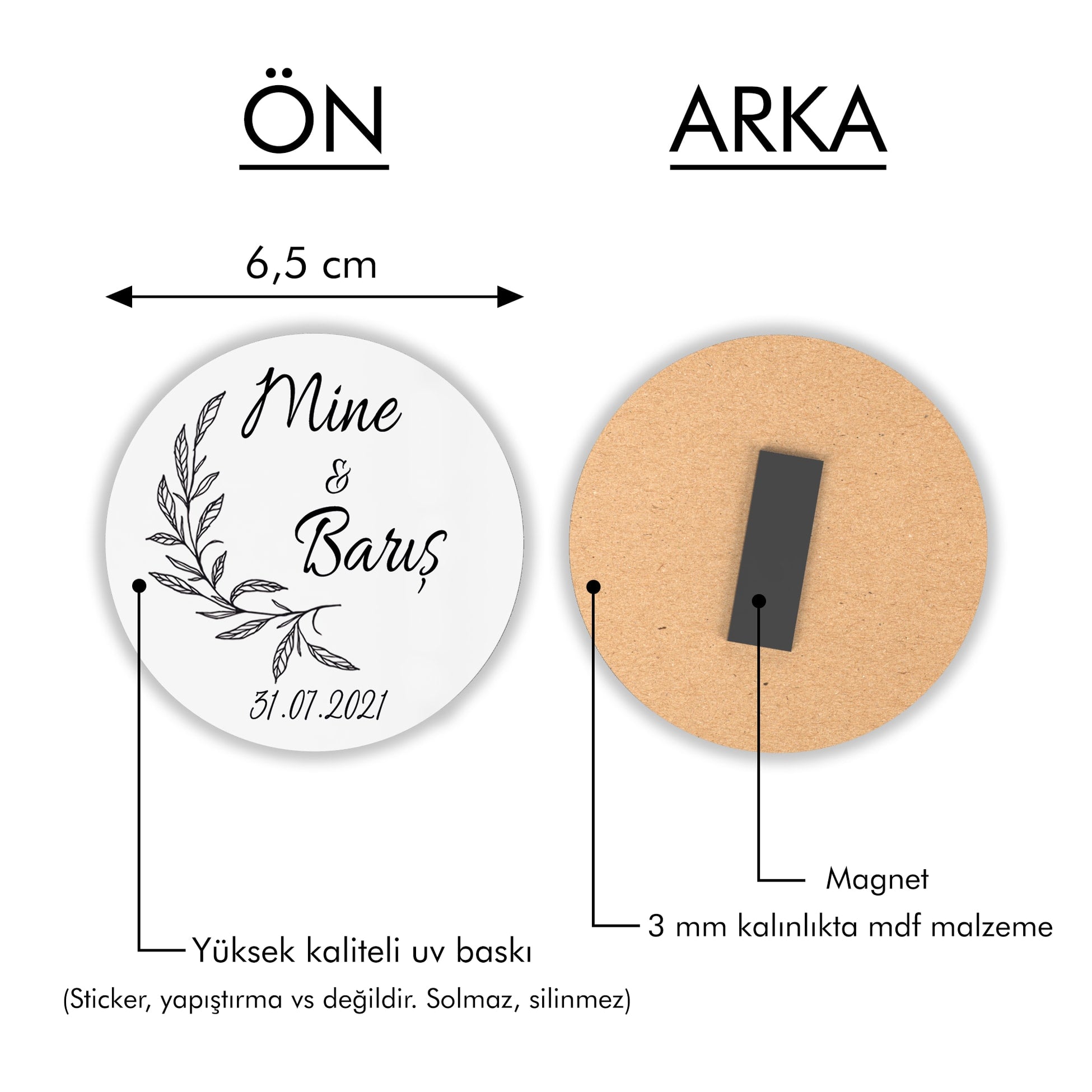 Siyah Dal Desenli Yuvarlak Ahşap Magnet