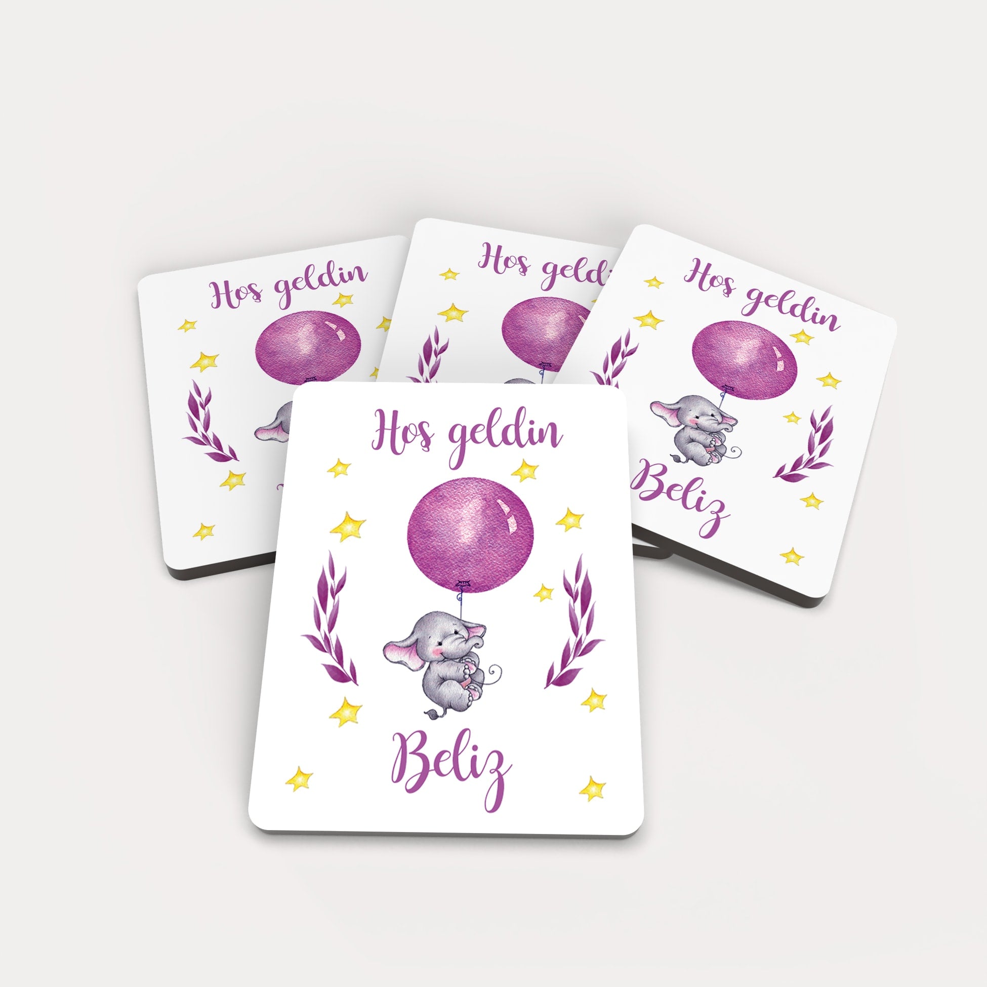 Mor Balon Tutan Fil Desenli Ahşap Magnet