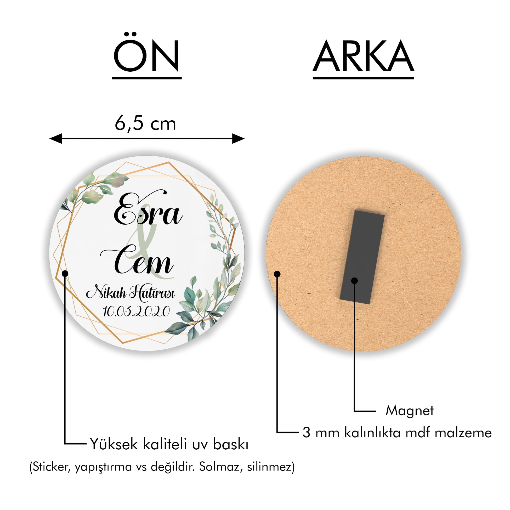 Yeşil Yaprak Desenli Yuvarlak Ahşap Magnet