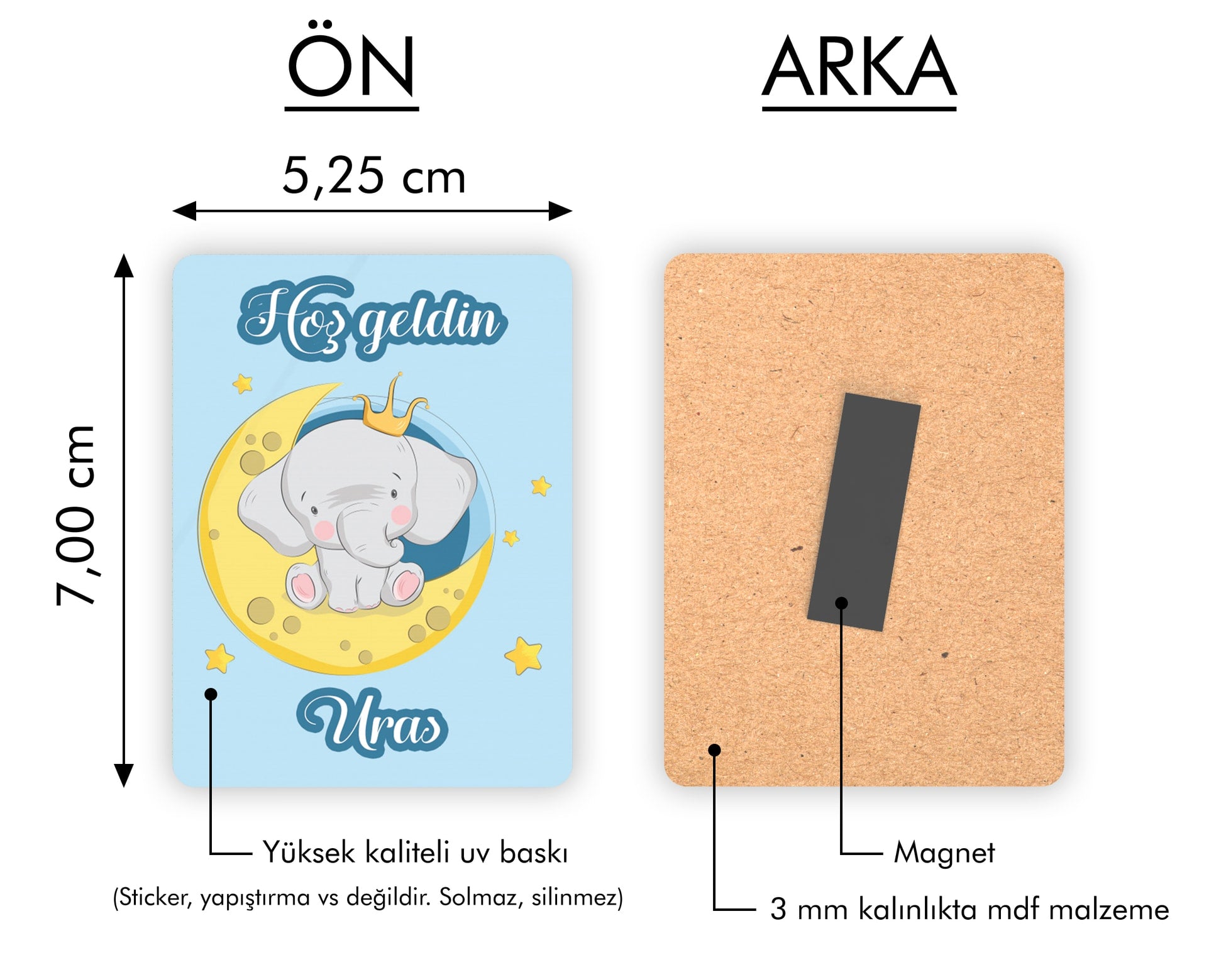 Ay Üzerinde Fil Desenli Ahşap Magnet