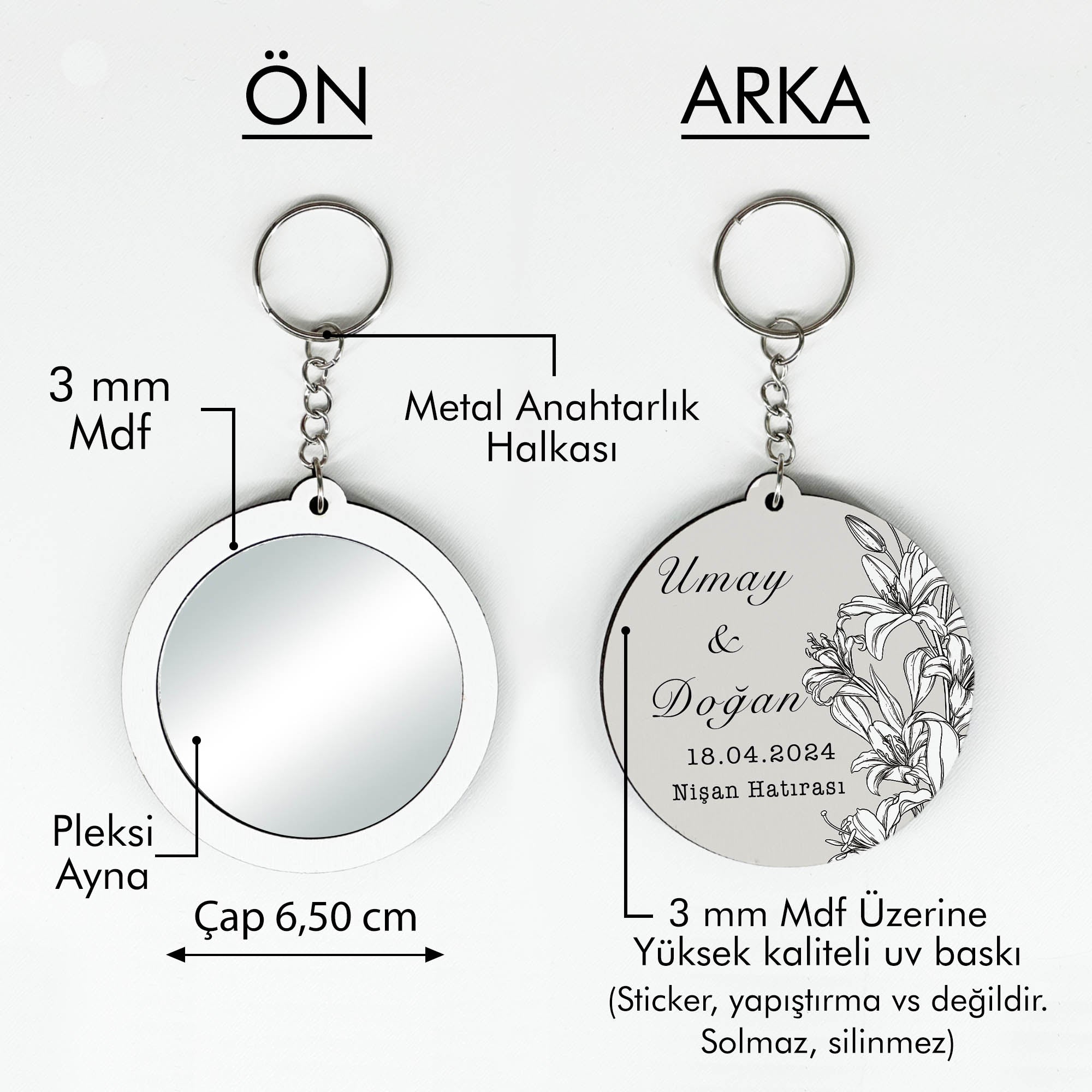 Siyah Beyaz Çiçek Desenli Anahtarlıklı Ayna