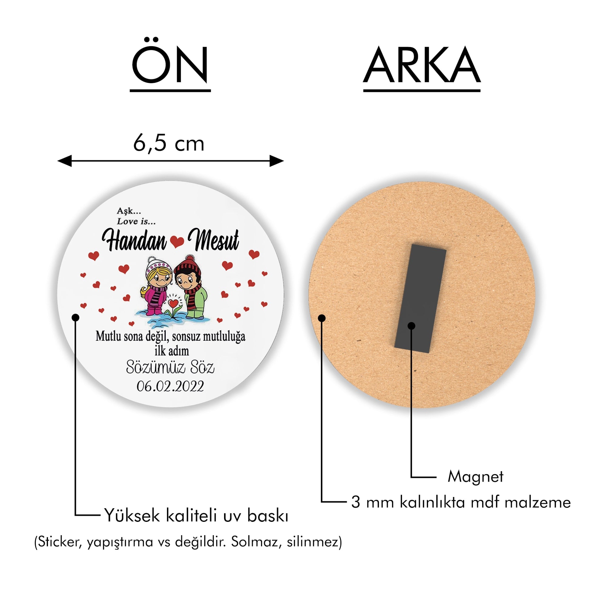 Şıpsevdi Gelin Damat Desenli Yuvarlak Ahşap Magnet