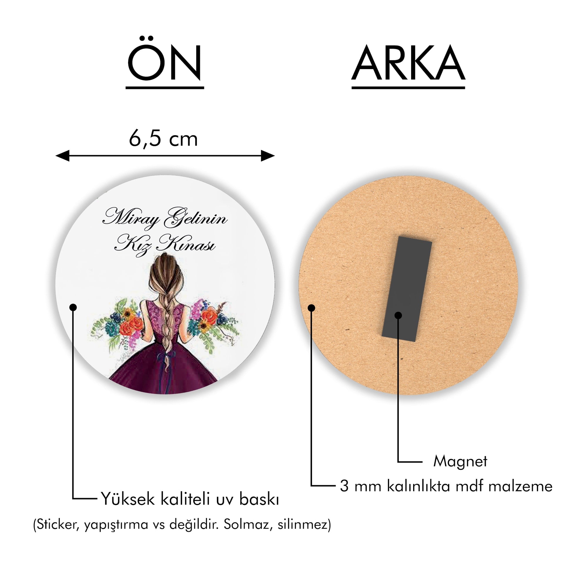 Mor Elbiseli Kına Kızı Desenli Yuvarlak Ahşap Magnet