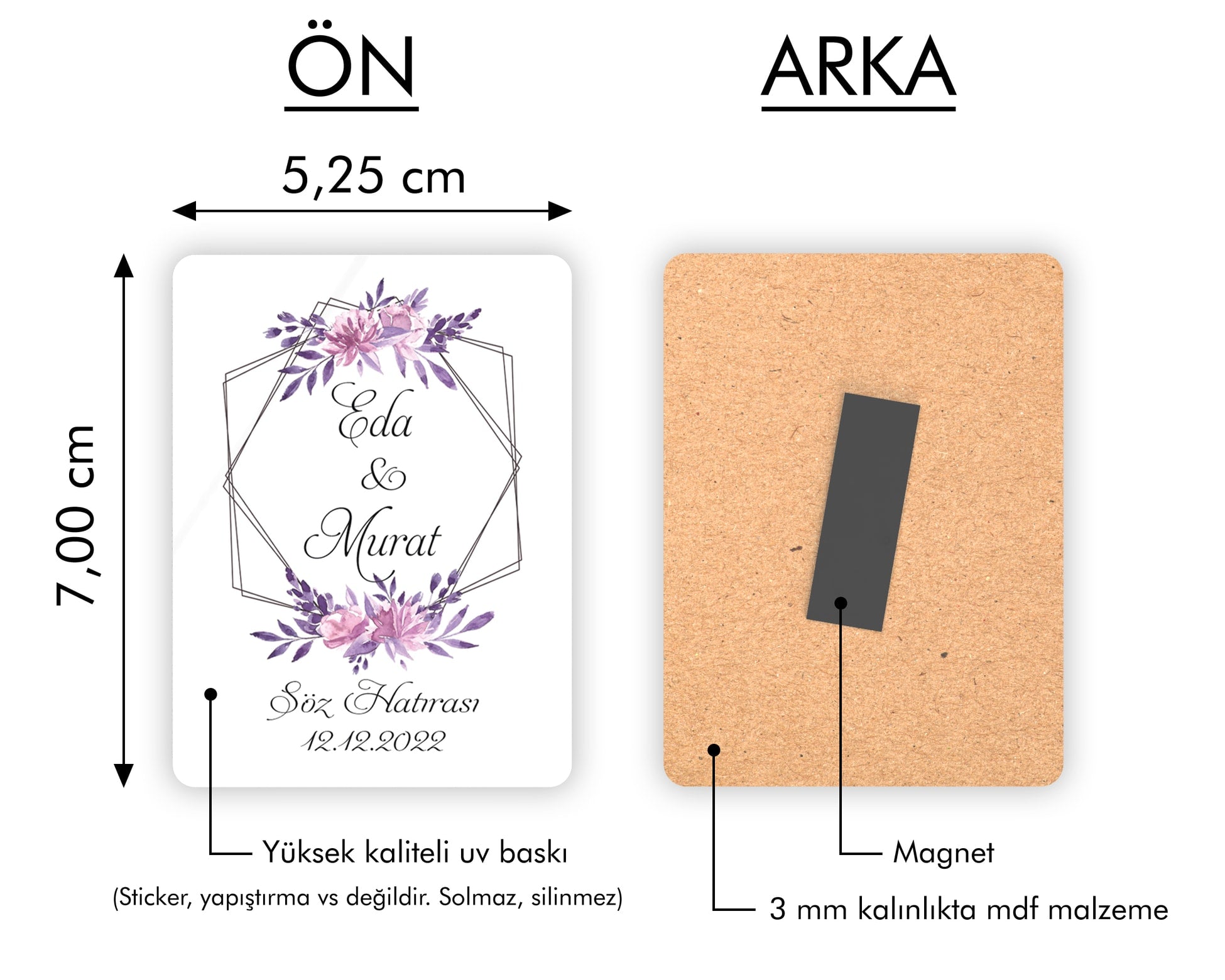 Mor Çiçek Desenli Ahşap Magnet
