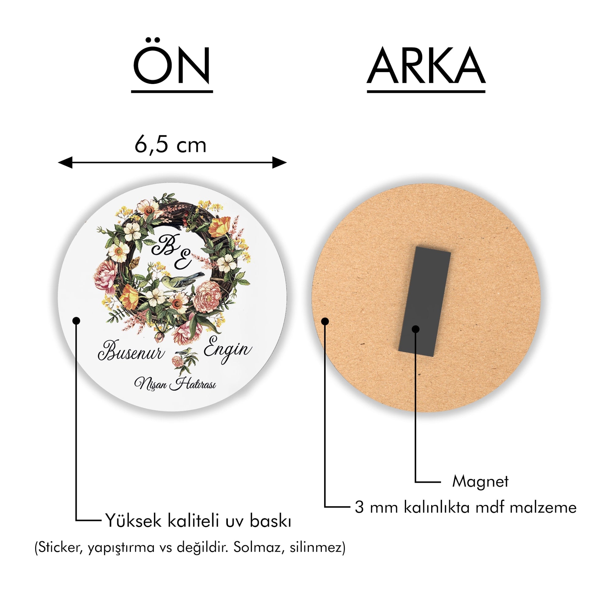 Çelenk Ve Kuş Desenli Yuvarlak Ahşap Magnet