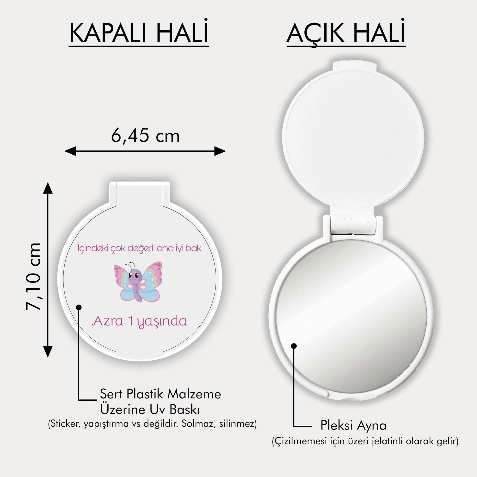 Pembe Mor Kelebek Desenli Yuvarlak Ayna