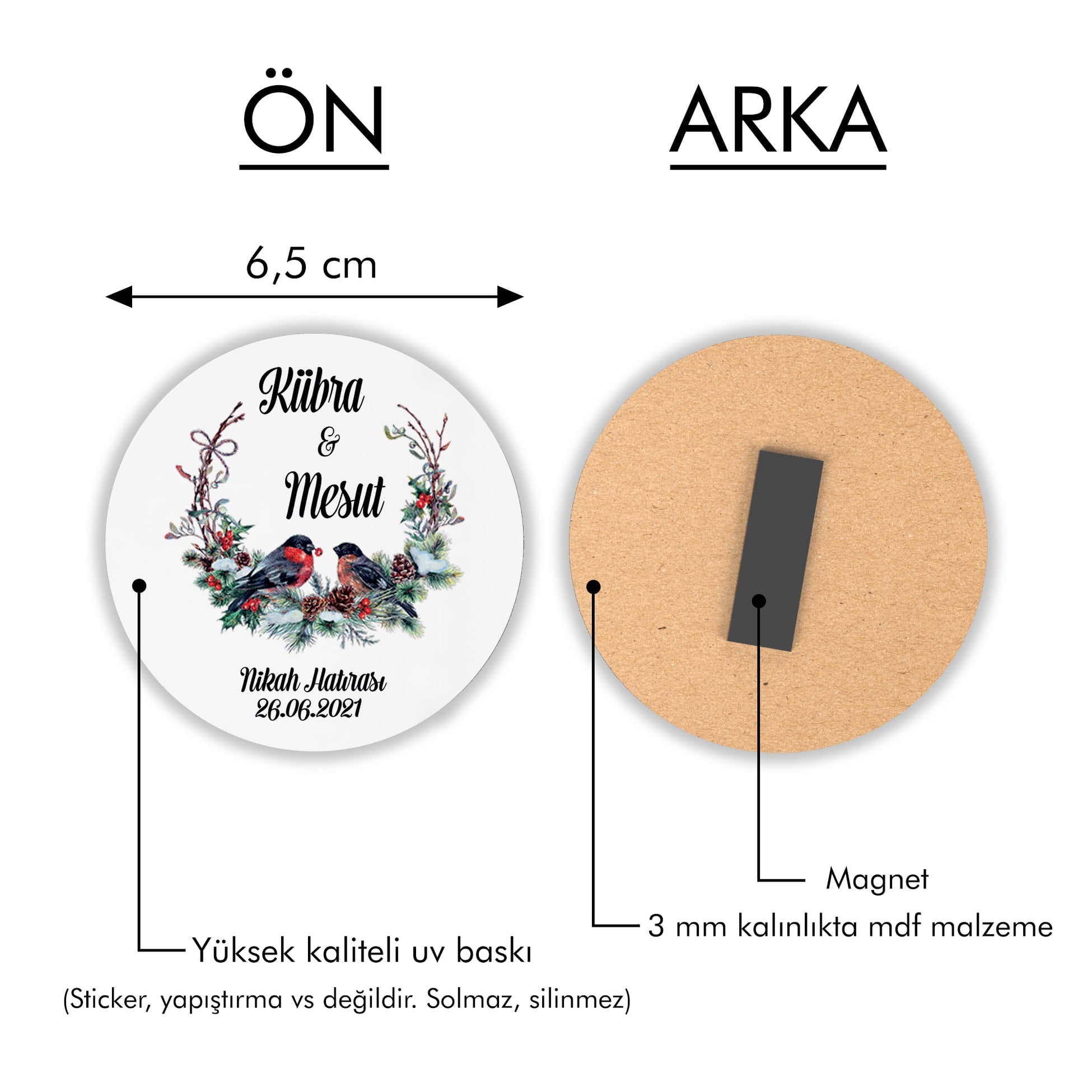 Çift Kuş Desenli Yuvarlak Ahşap Magnet