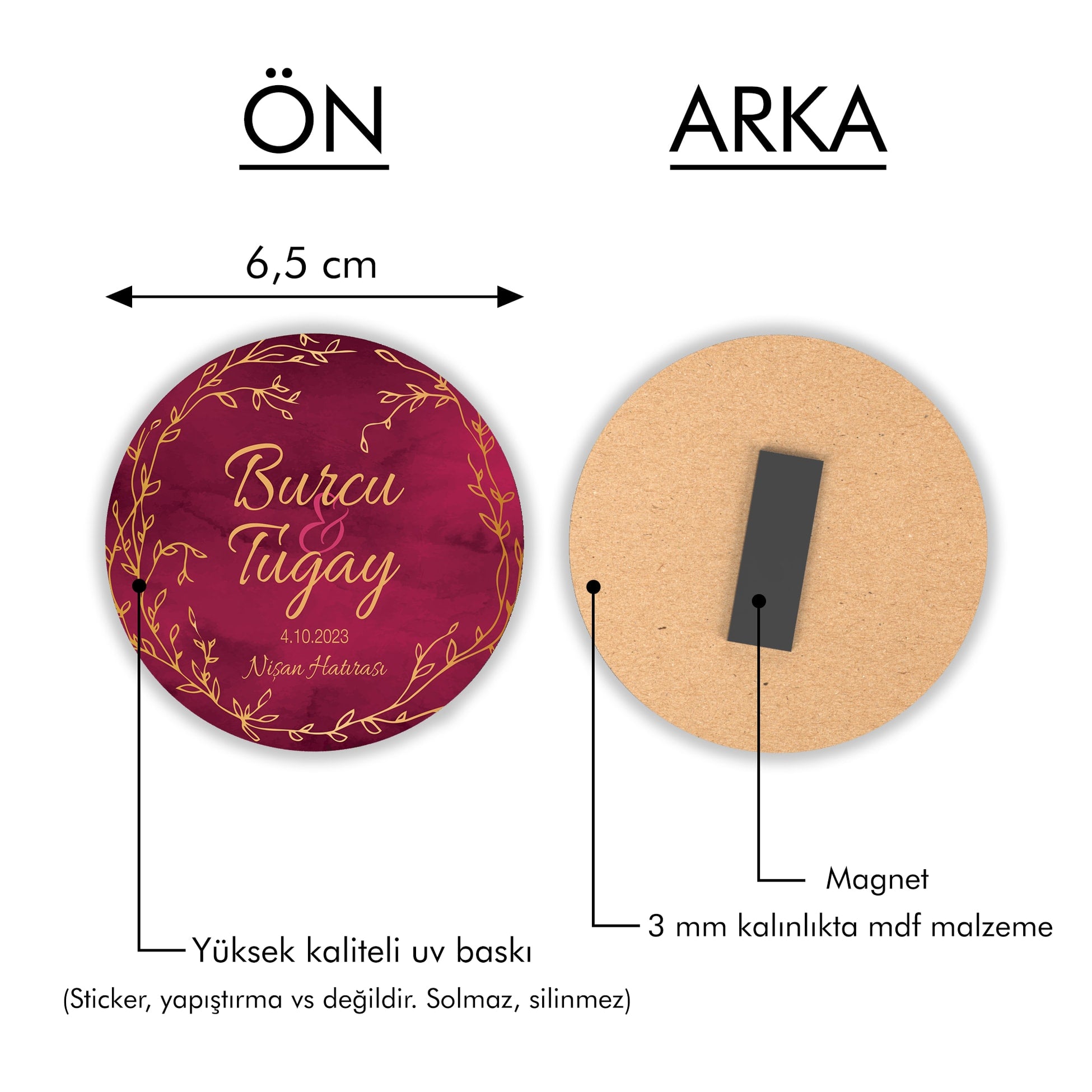 Minimal Gold Çiçek Çerçeve Yuvarlak Ahşap Magnet