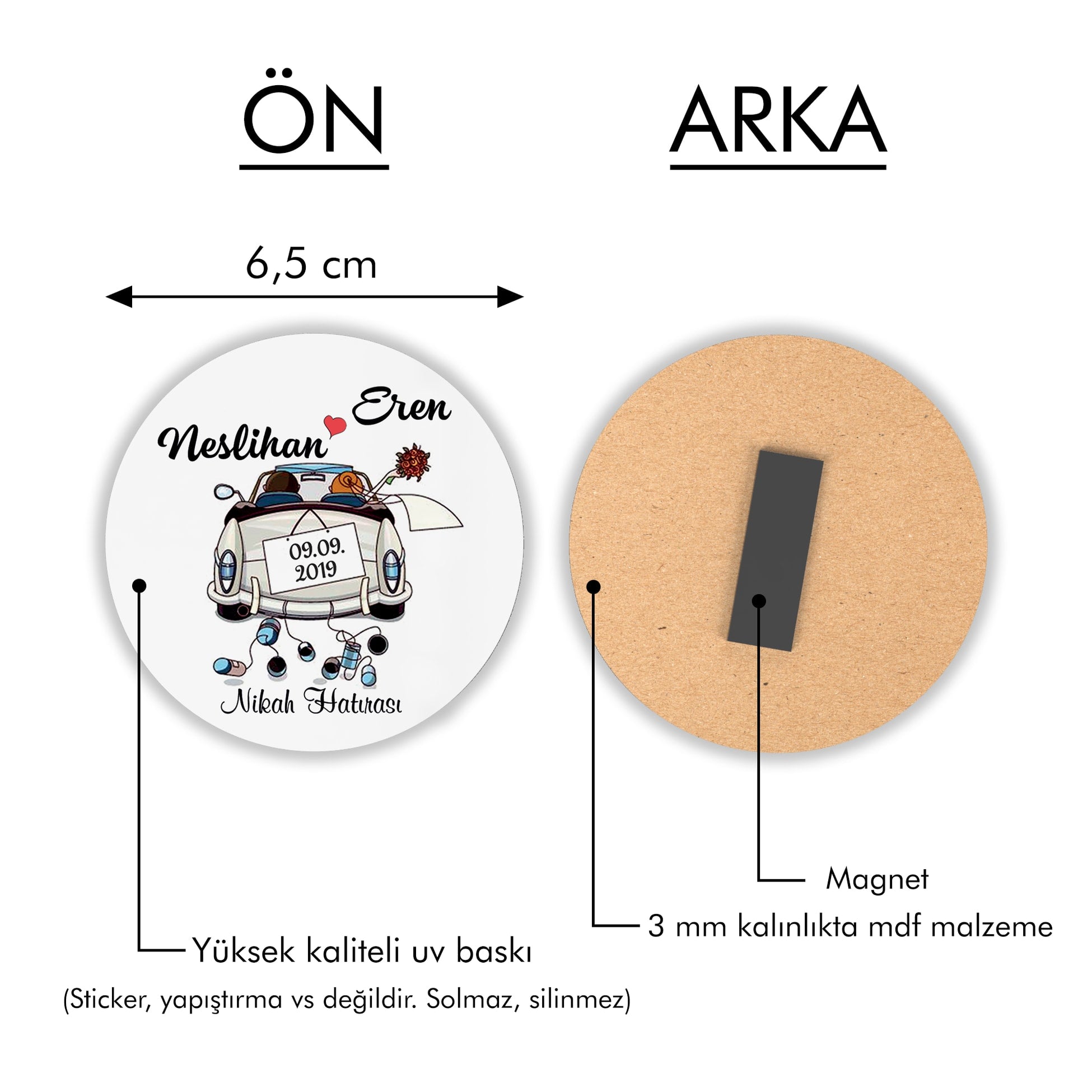 Arabada Gelin Damat Figürlü Yuvarlak Ahşap Magnet
