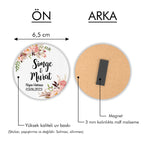 Pembe Çiçek Desenli Yuvarlak Ahşap Magnet