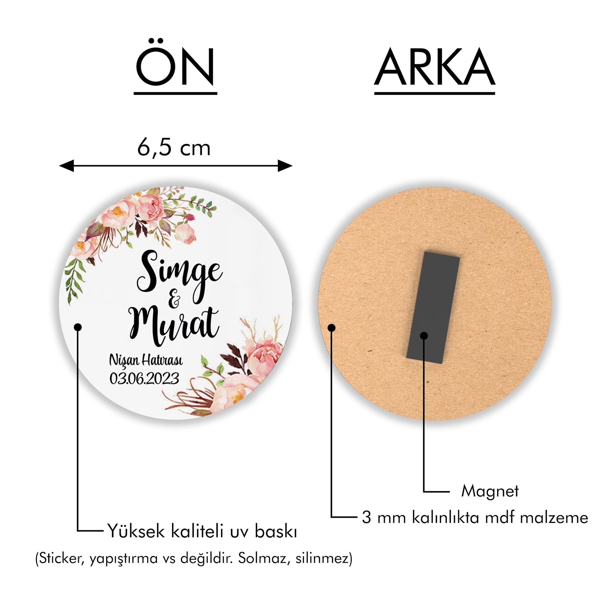 Pembe Çiçek Desenli Yuvarlak Ahşap Magnet