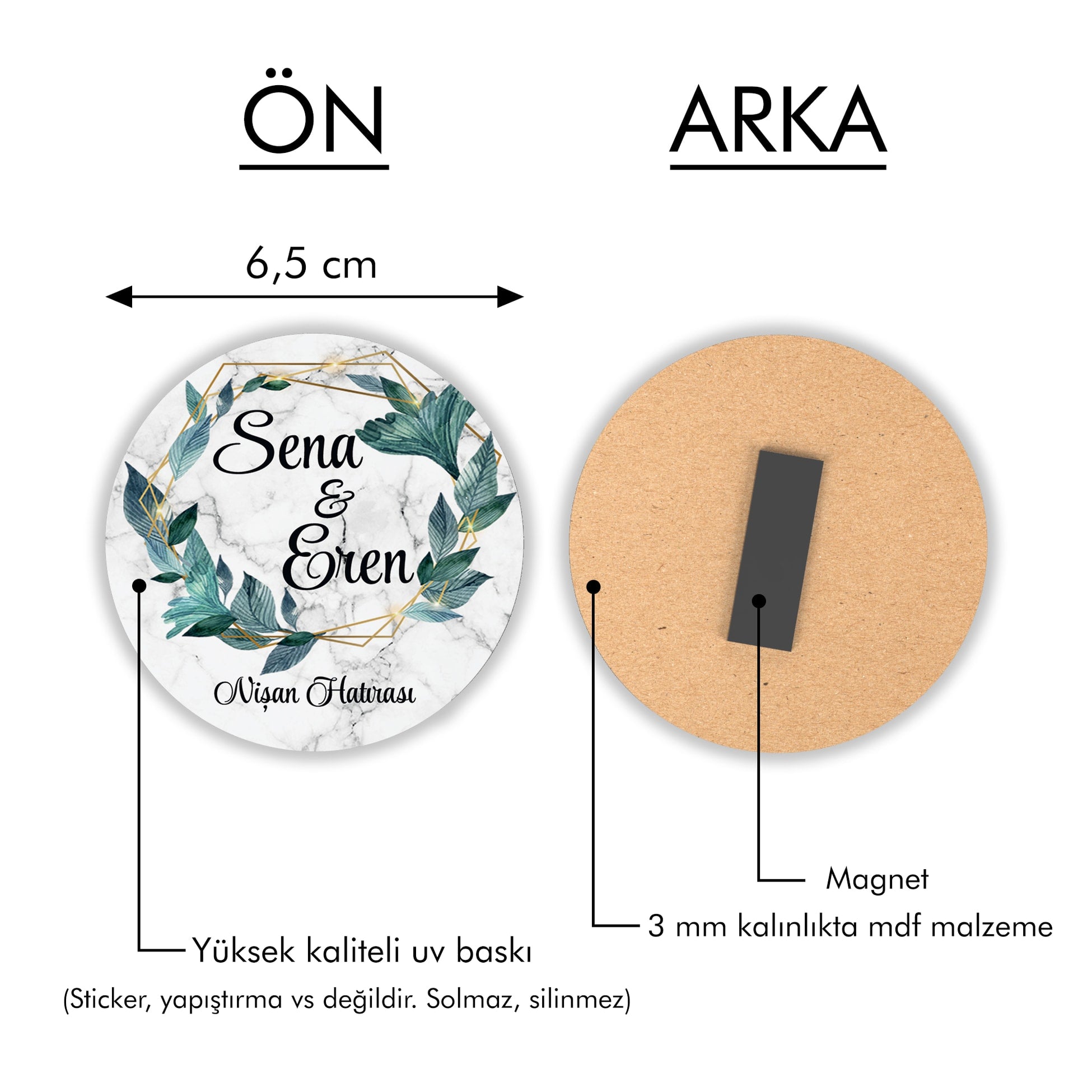 Yapraklı Çelenk Desenli Yuvarlak Ahşap Magnet