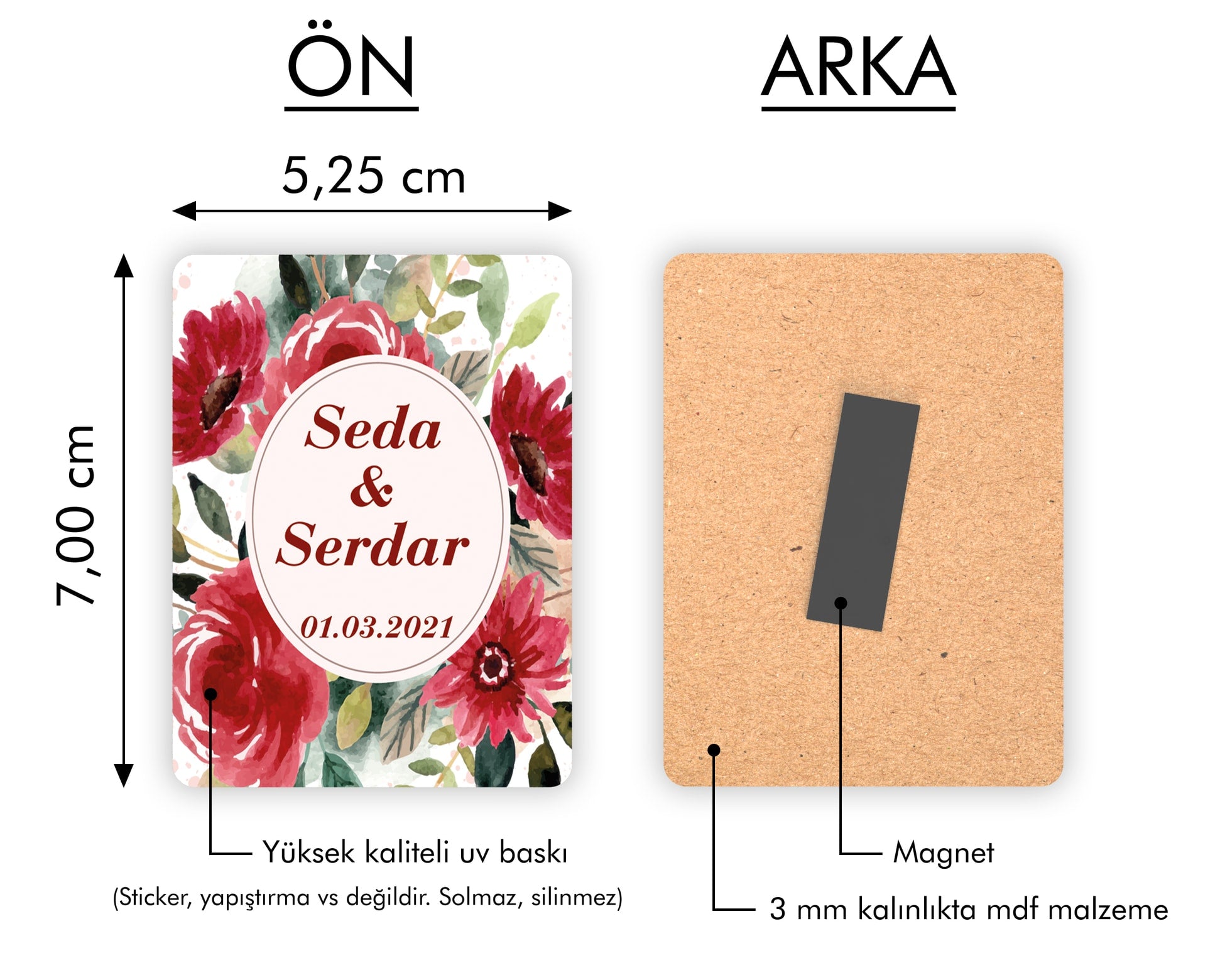 Kırmızı Gül Çiçek Desenli Ahşap Magnet