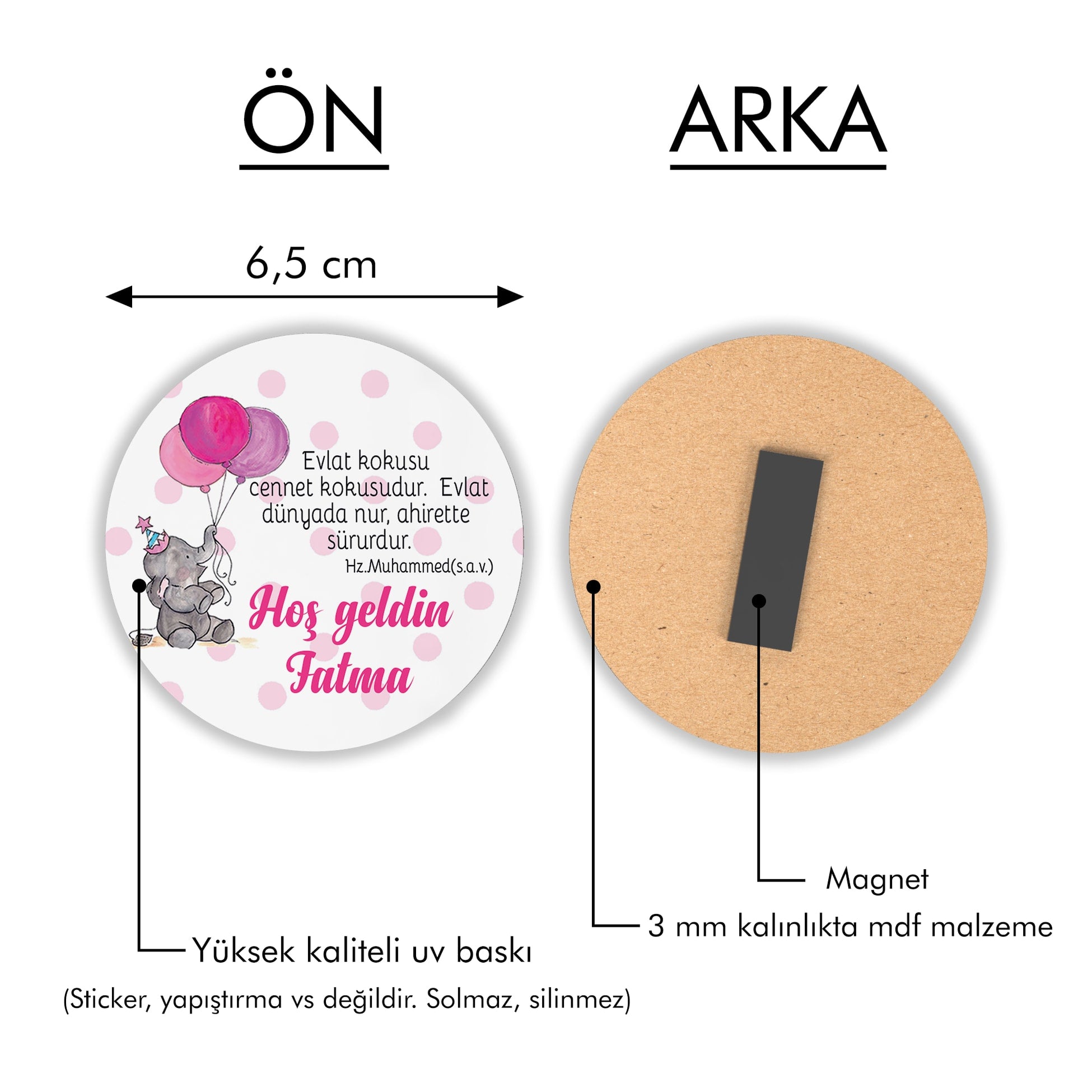 Nazar Dualı Fil Desenli Yuvarlak Ahşap Magnet