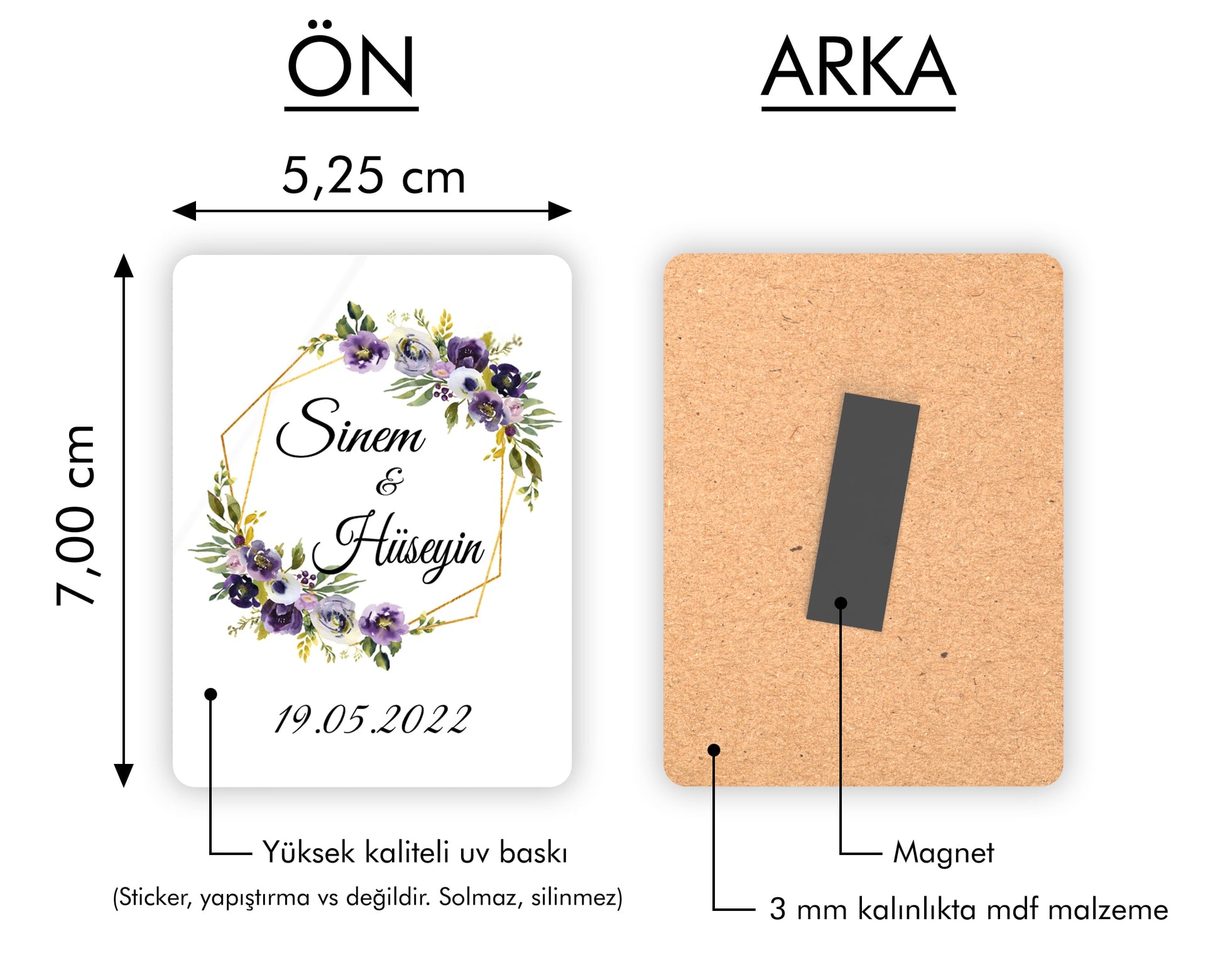 Mor Çiçek Desenli Ahşap Magnet