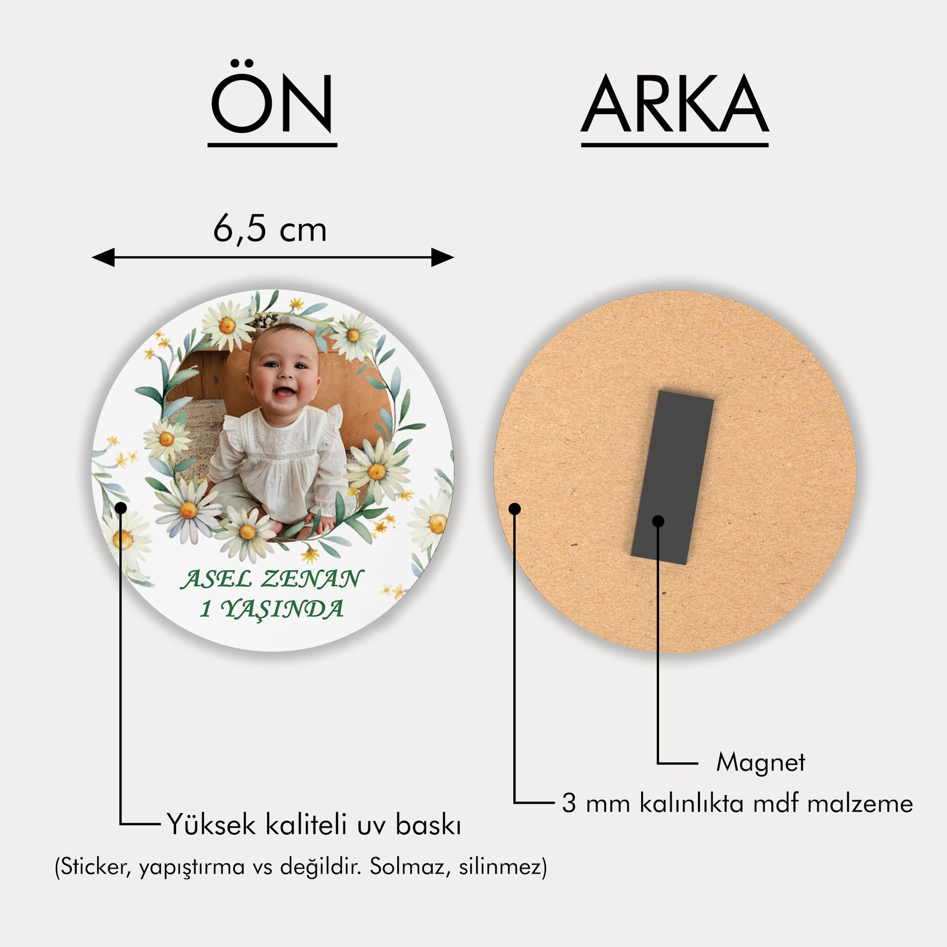 Papatya Desenli Yuvarlak Ahşap Magnet