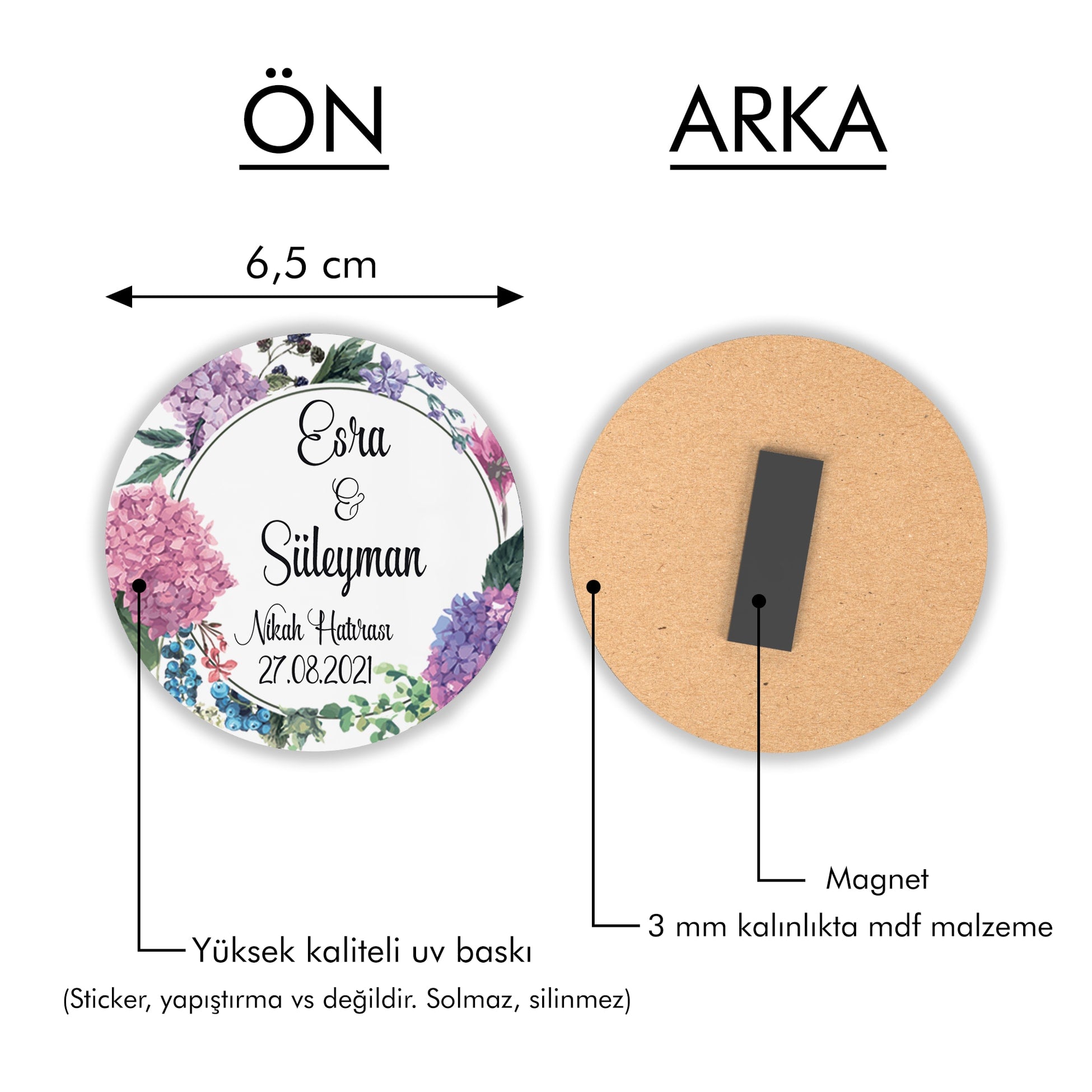 Ortanca Desenli Yuvarlak Ahşap Magnet