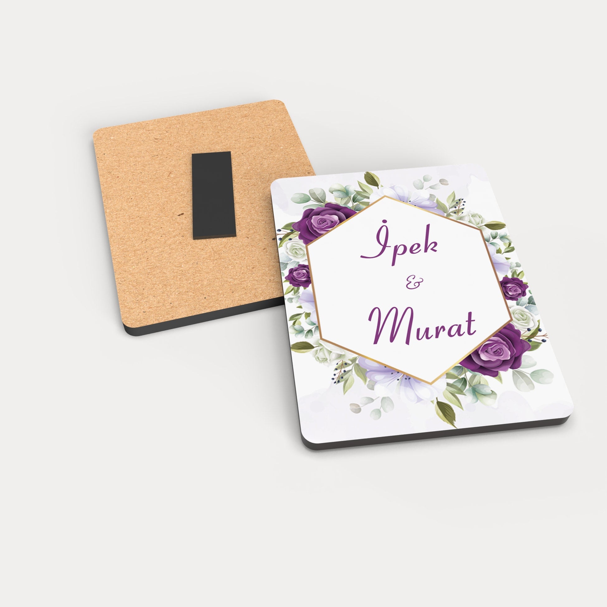 Mor Çiçek Desenli Ahşap Magnet