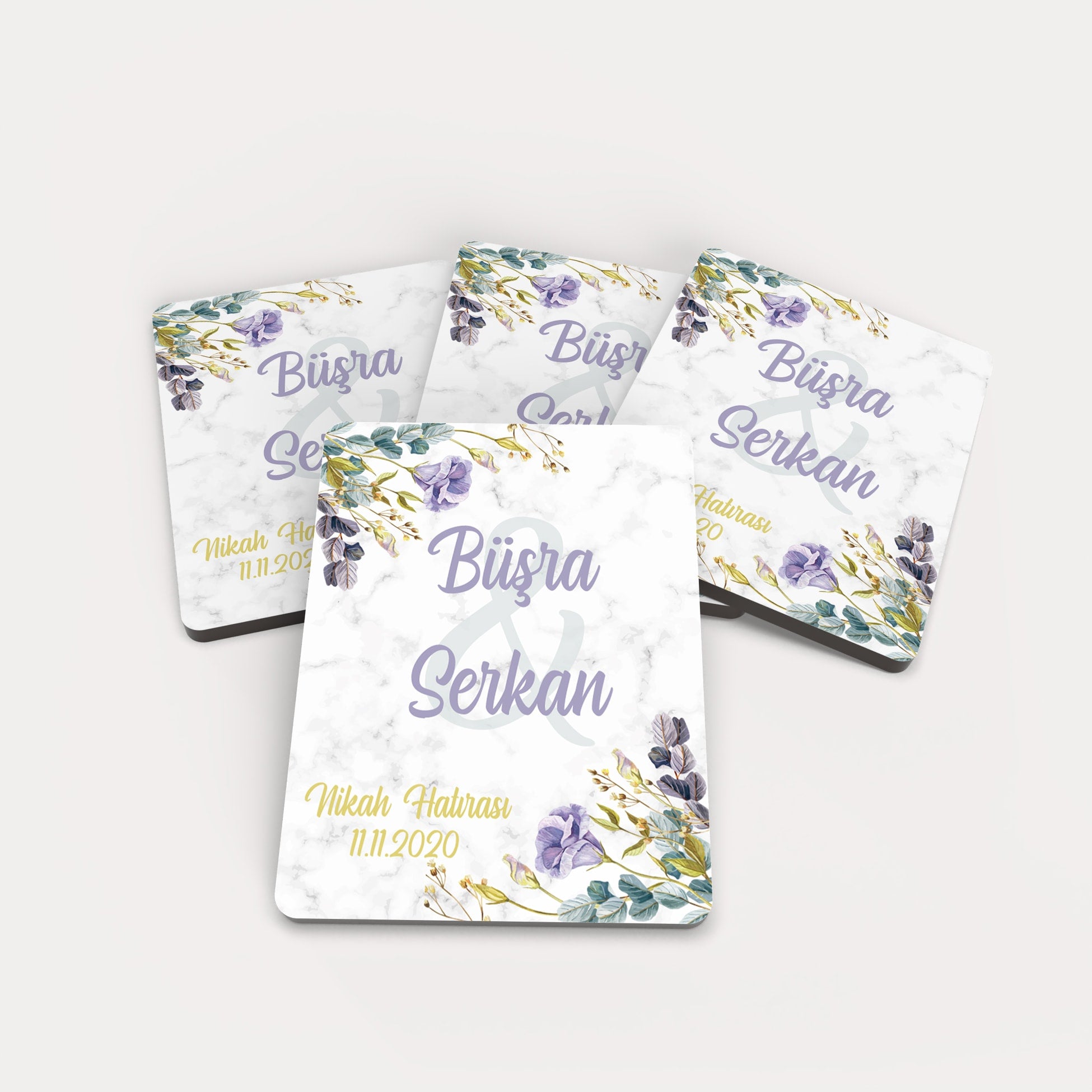 Mavi Mor Çiçek Desenli Ahşap Magnet