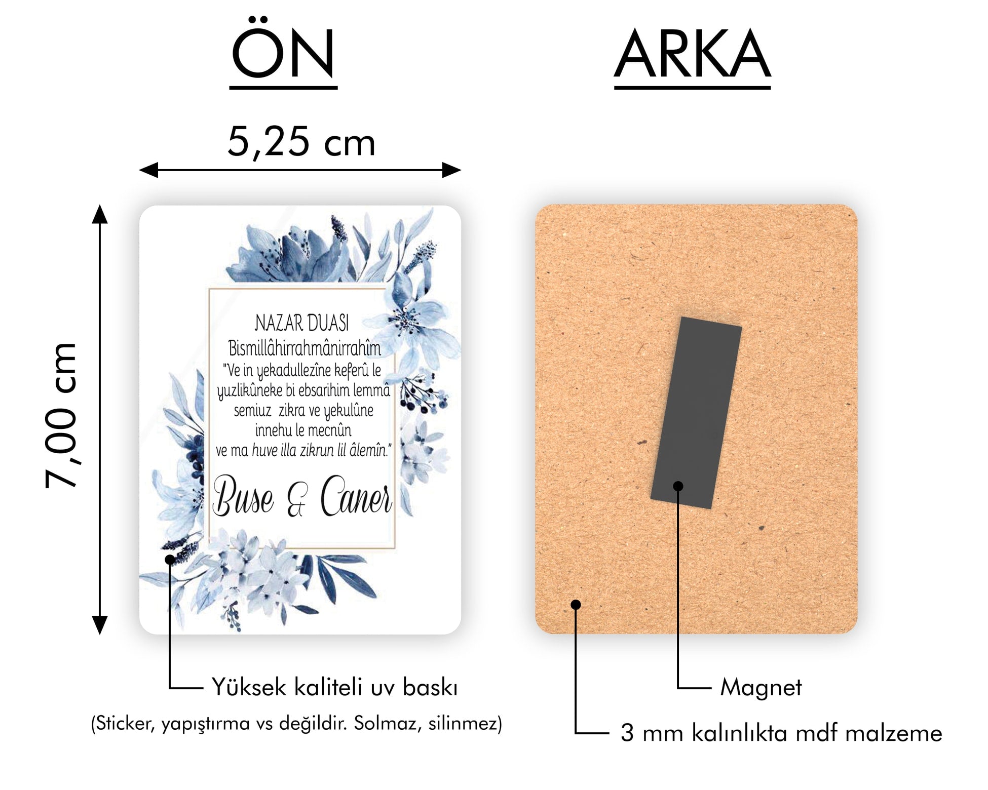 Mavi Çiçek Desenli Ahşap Magnet