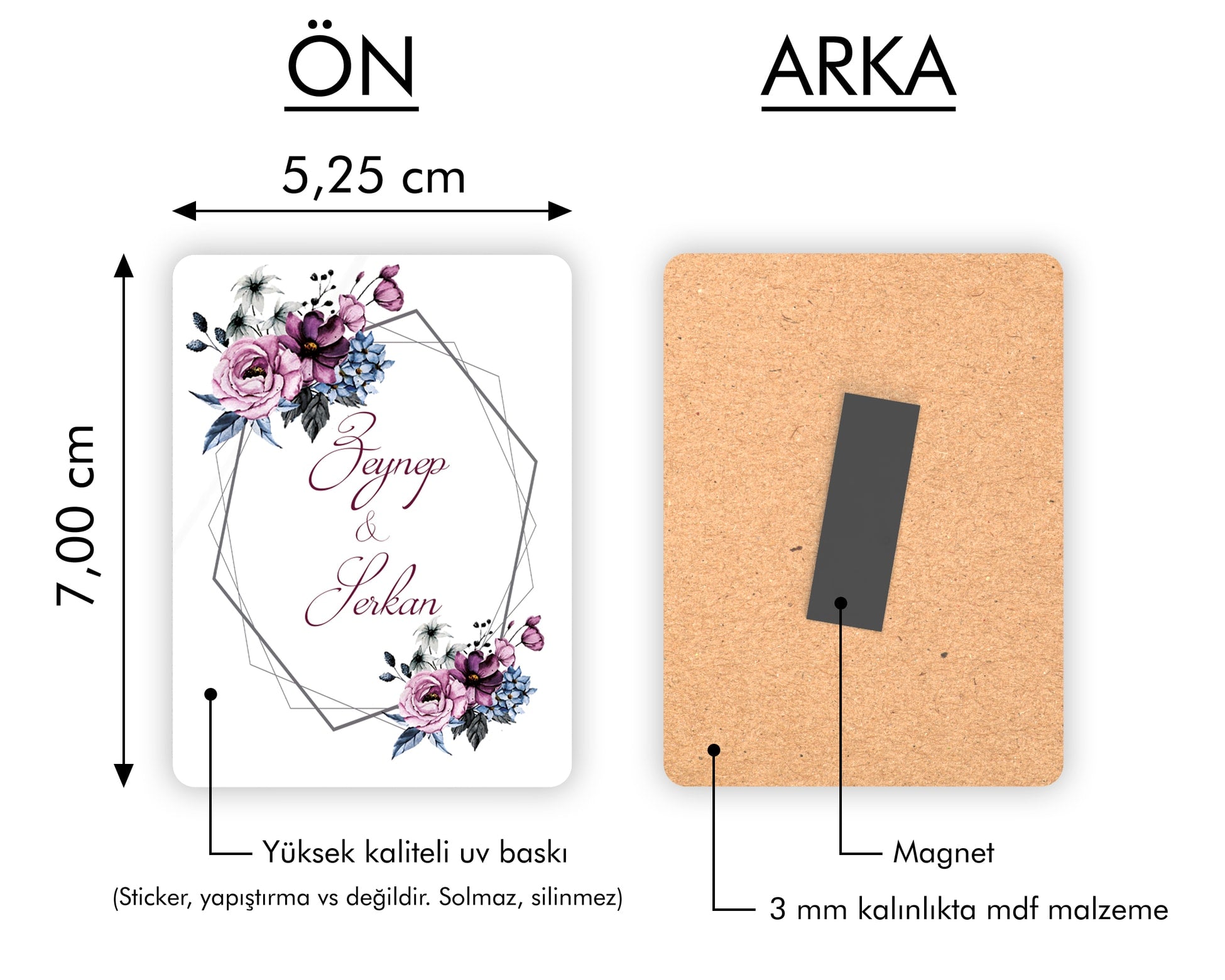 Mor Çiçek Desenli Ahşap Magnet
