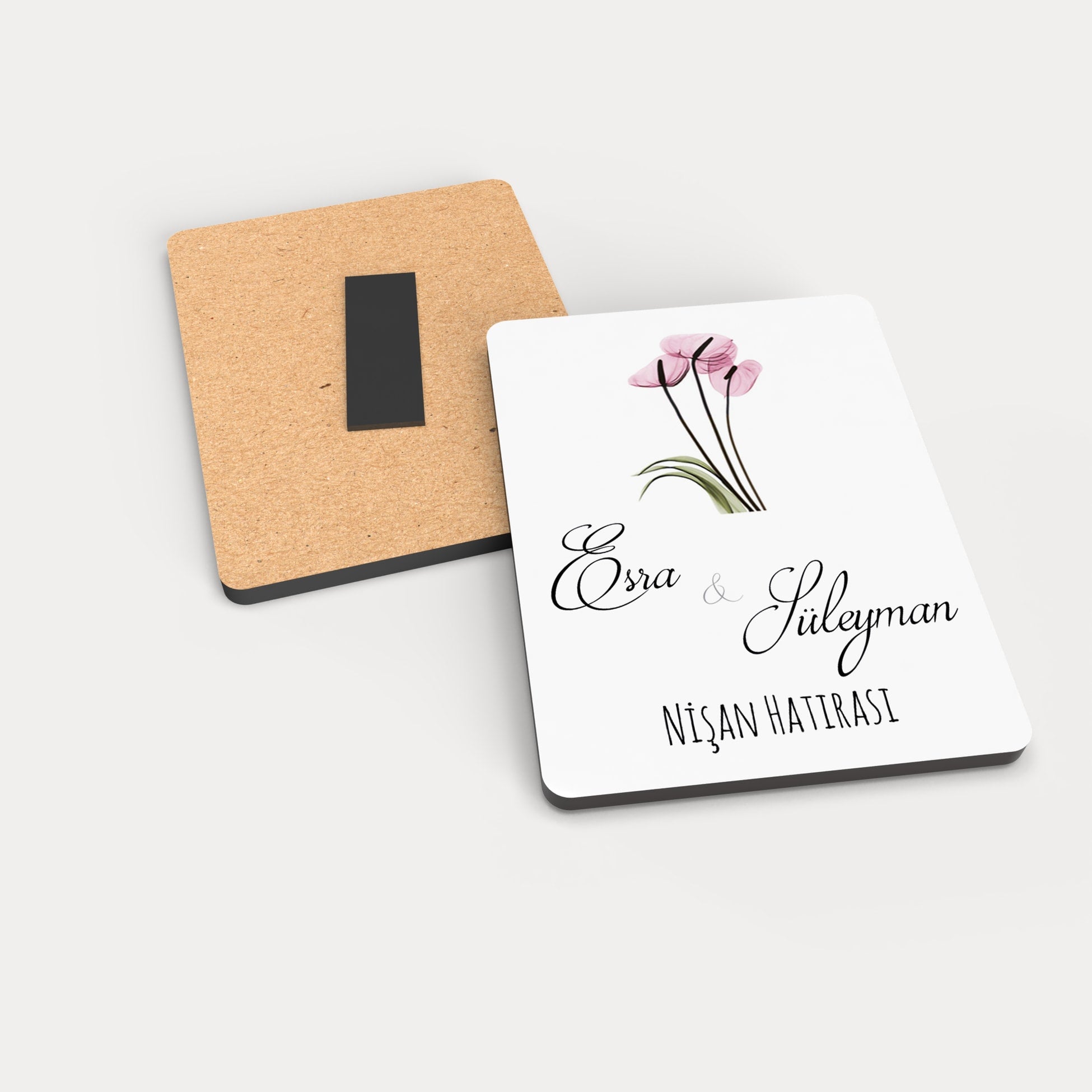 Pembe Çiçek Desenli Ahşap Magnet