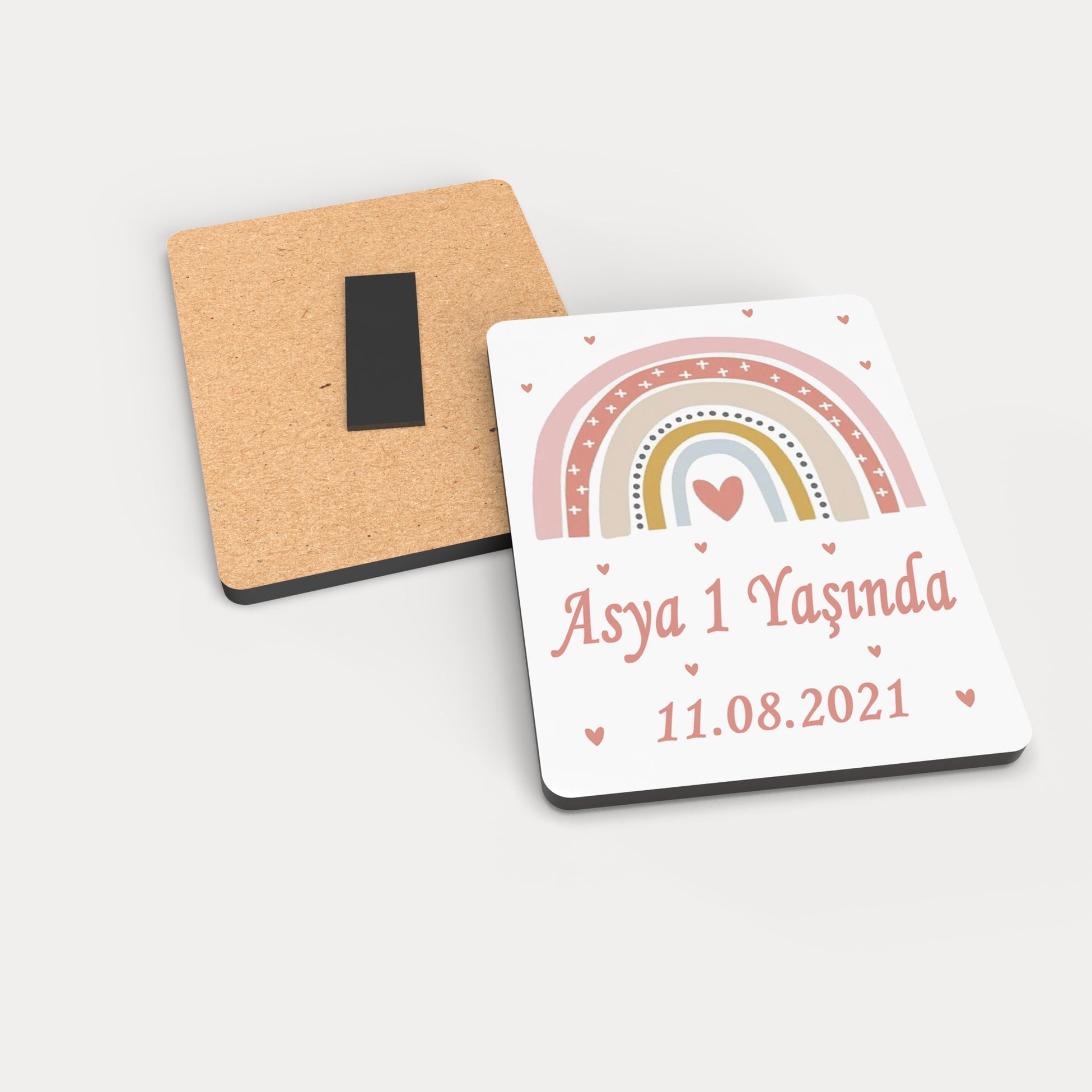 Pembe Gökkuşağı Desenli Ahşap Magnet