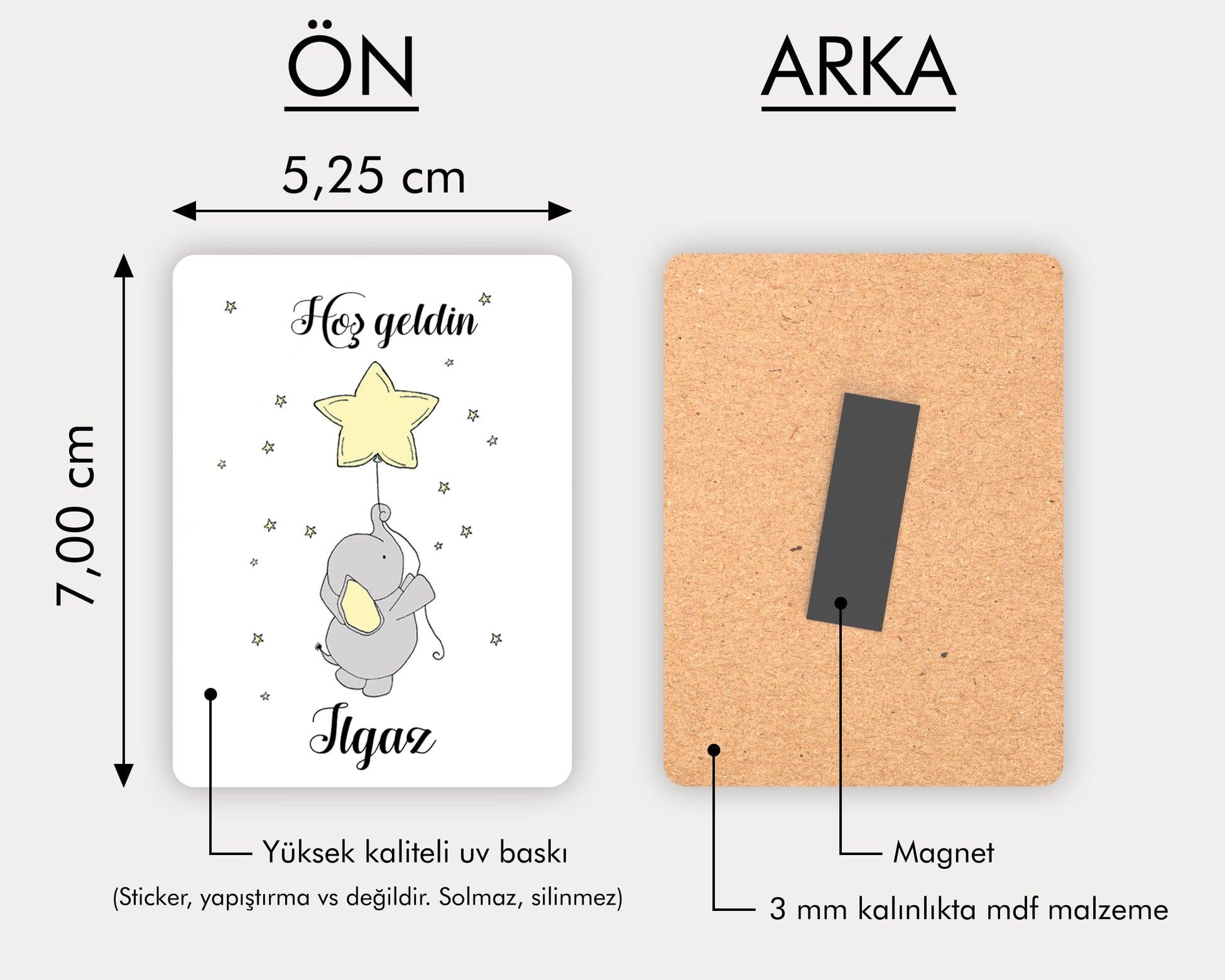 Sarı Yıldız Balon Tutan Fil Desenli Ahşap Magnet
