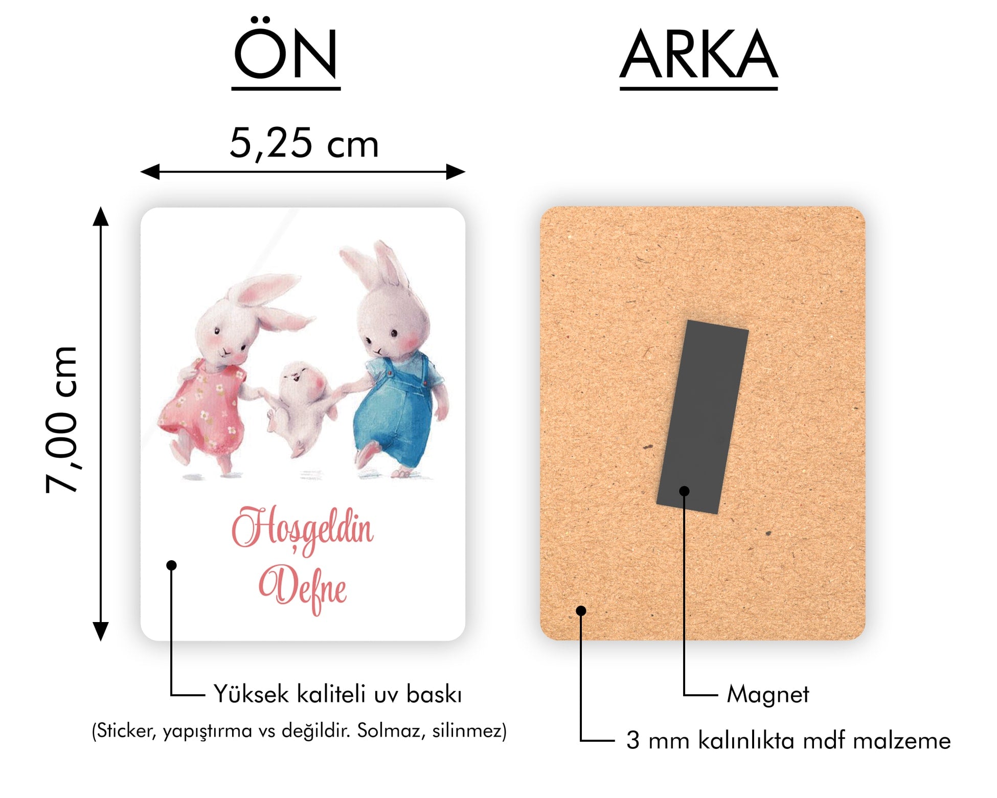 Tavşan Ailesi Desenli Ahşap Magnet